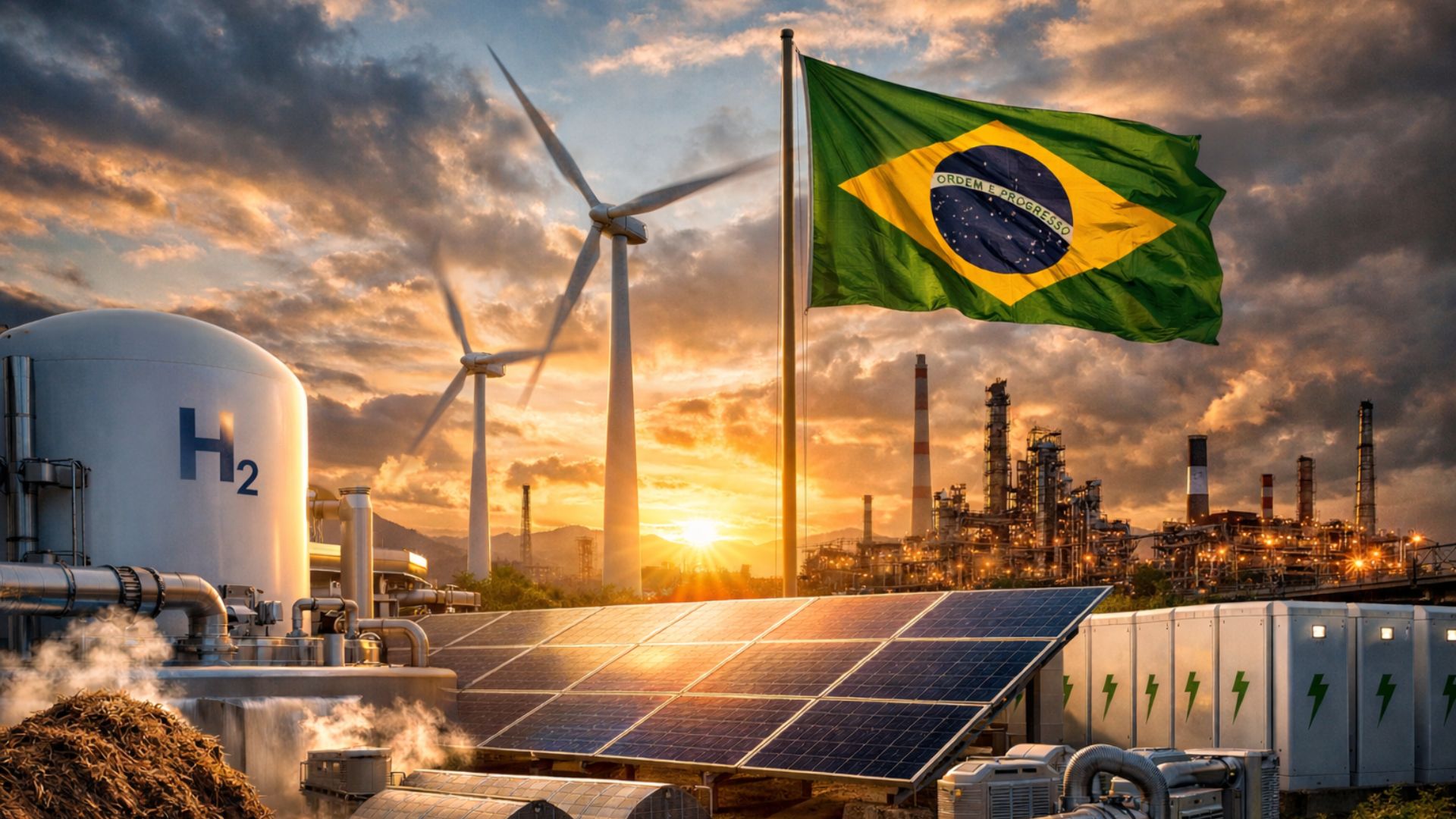 Complexo de energia limpa no Brasil com painéis solares, turbinas eólicas em movimento e tanque de hidrogênio ao pôr do sol representando inovação energética.