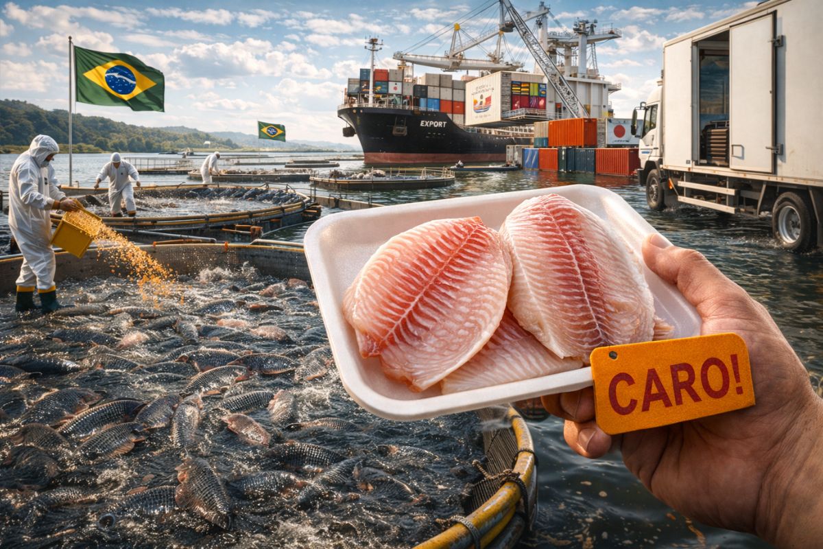 Brasil produz tilápia em escala recorde, exporta para o mundo inteiro, mas o preço dispara no mercado interno por ração cara, logística fria, burocracia, consolidação do setor