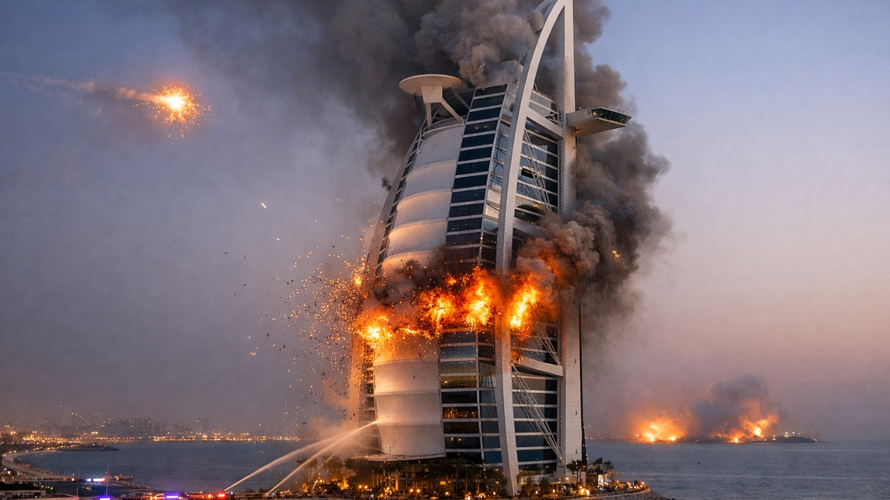 Drone interceptado provoca incêndio em Dubai e atinge fachada do Burj Al Arab. Episódio ocorre após ataque iraniano na região do Golfo.