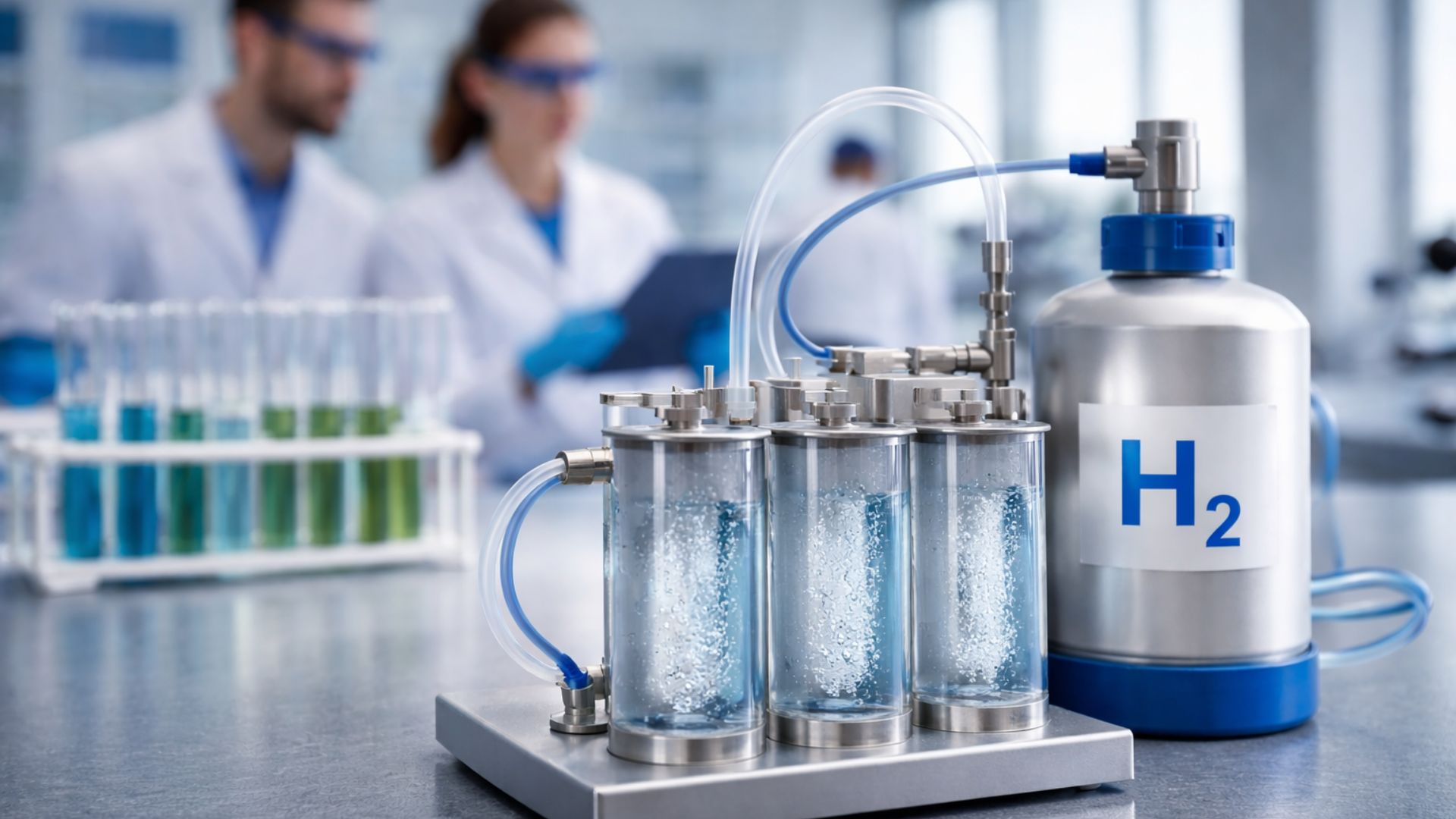 Equipamento de laboratório produzindo hidrogênio com cilindros transparentes e bolhas de gás em primeiro plano, enquanto cientistas desfocados trabalham ao fundo.