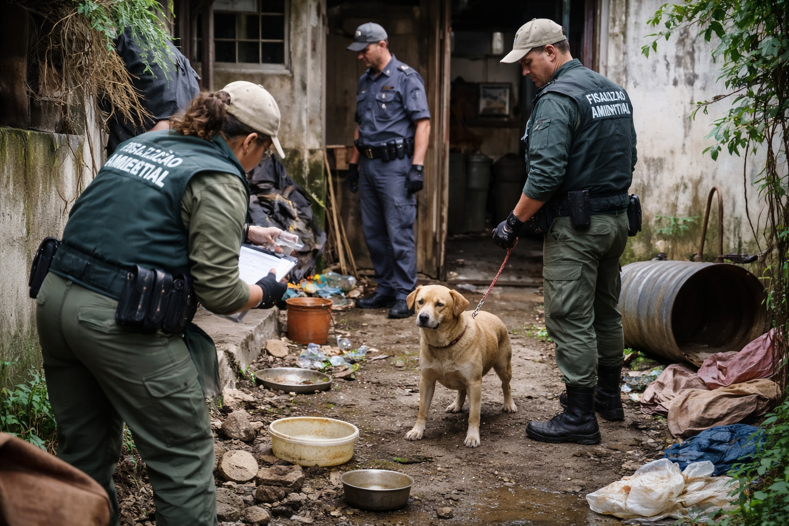 Fiscalização municipal resgata cão em situação de negligência durante ação contra maus-tratos em Guarujá, no litoral de São Paulo
