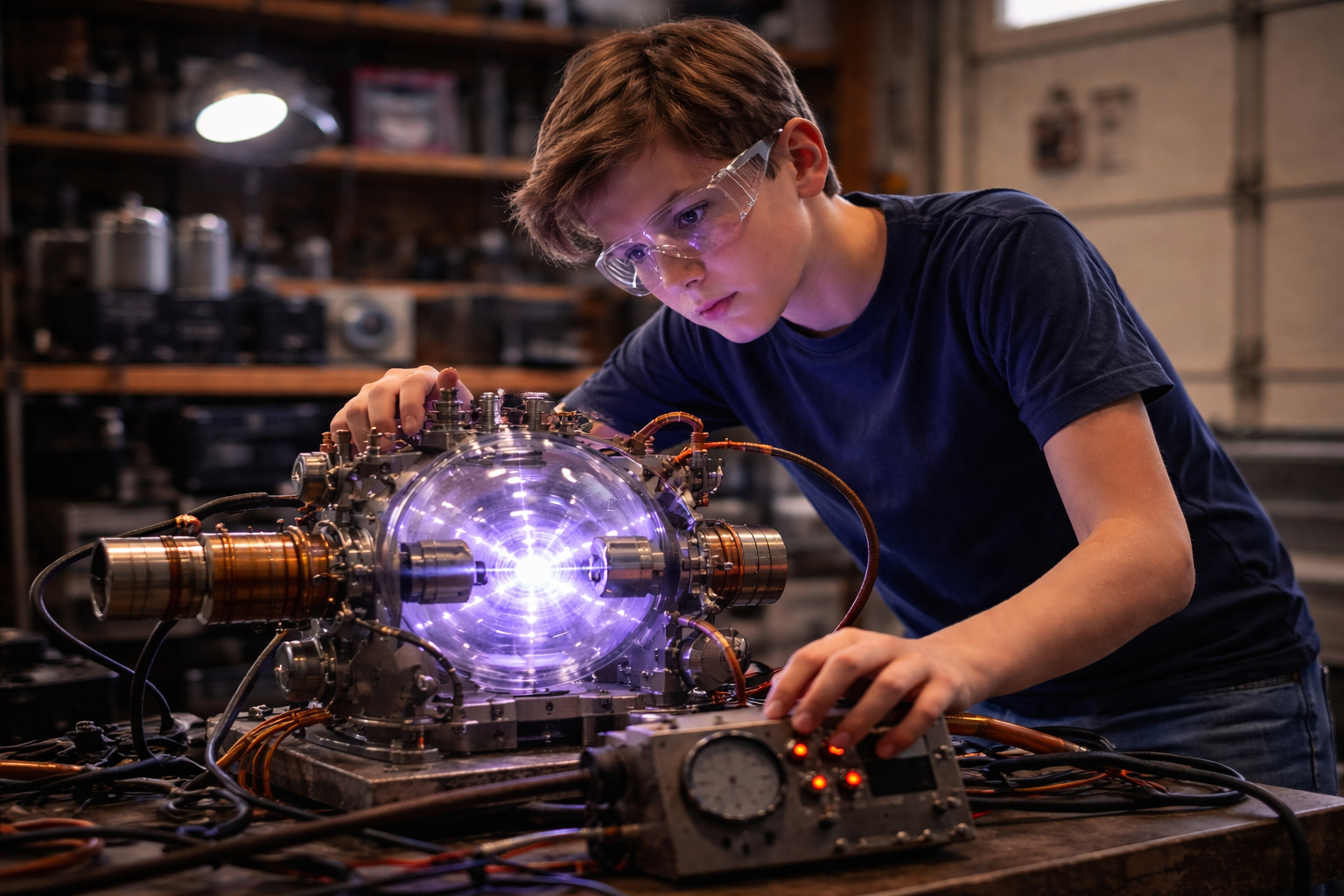 Jovem de 12 anos do Texas ajusta equipamento experimental durante projeto de fusão nuclear em ambiente de laboratório.