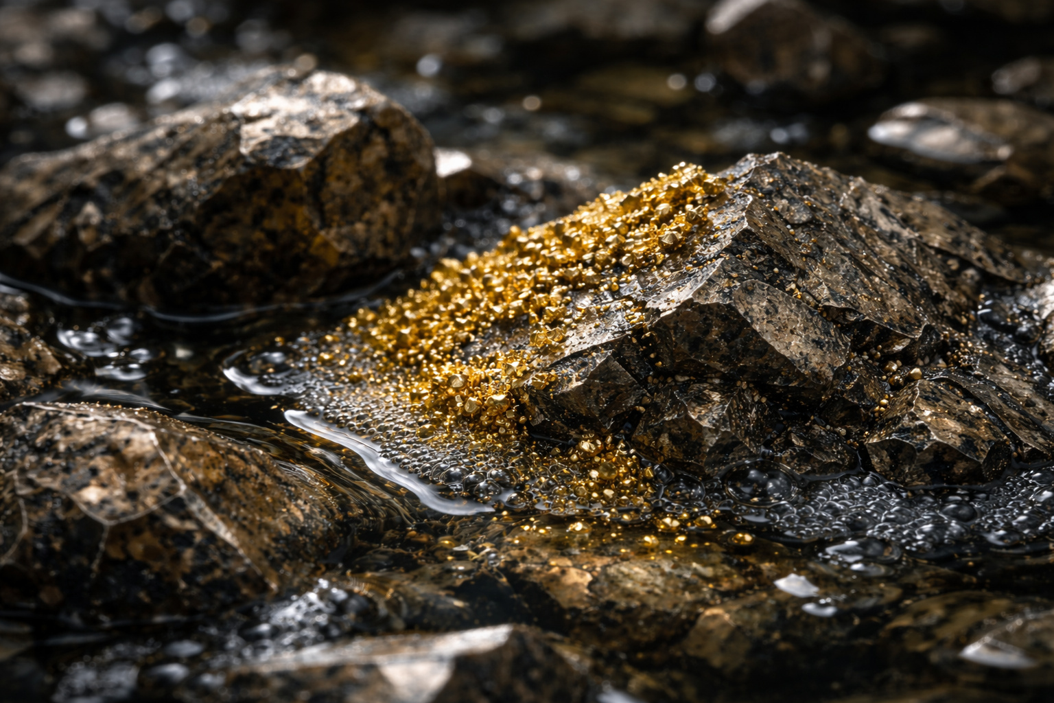 Pirita em contato com água apresentando formação de partículas de ouro na superfície, ilustrando o processo microscópico descrito em estudo científico chinês.