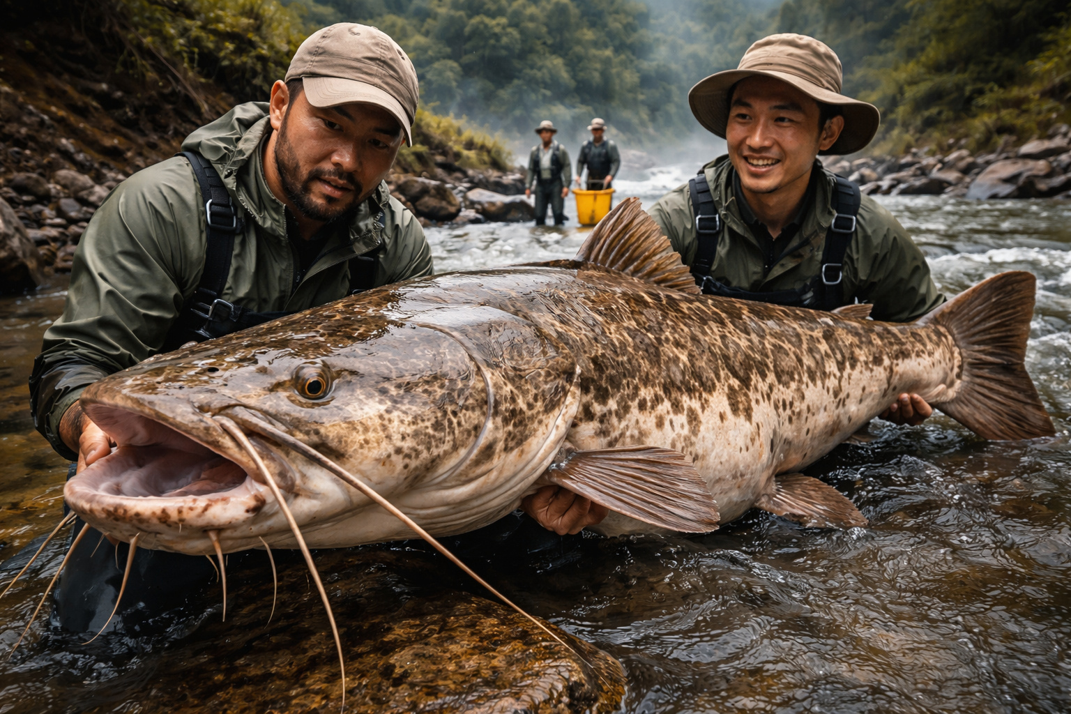 Cientistas seguram exemplar do peixe gigante Bagarius protos em rio da província de Yunnan, na China, durante expedição científica.