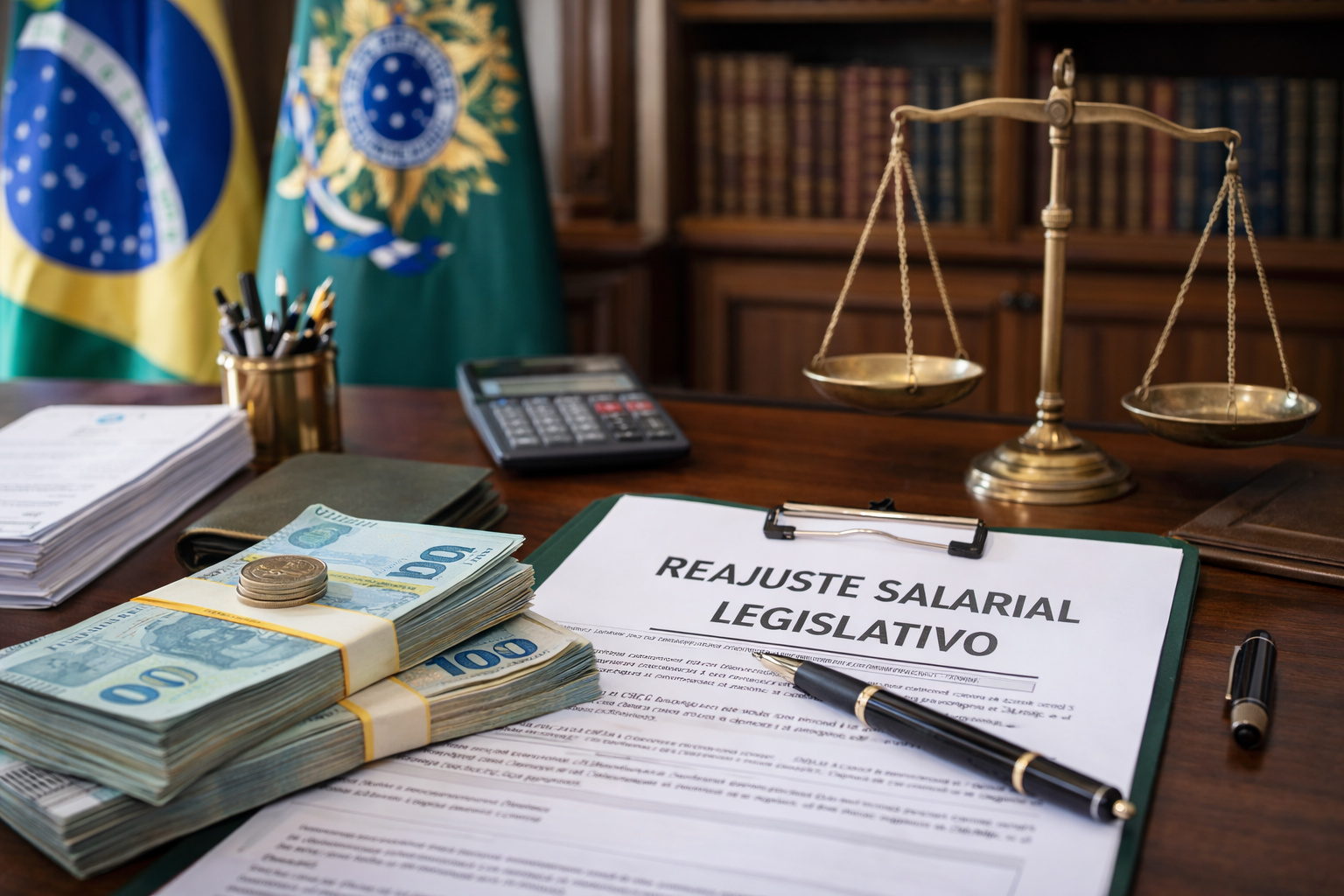 Mesa institucional com maços de dinheiro em reais, balança da justiça e documento sobre reajuste salarial do Legislativo, simbolizando veto a penduricalhos e teto constitucional.