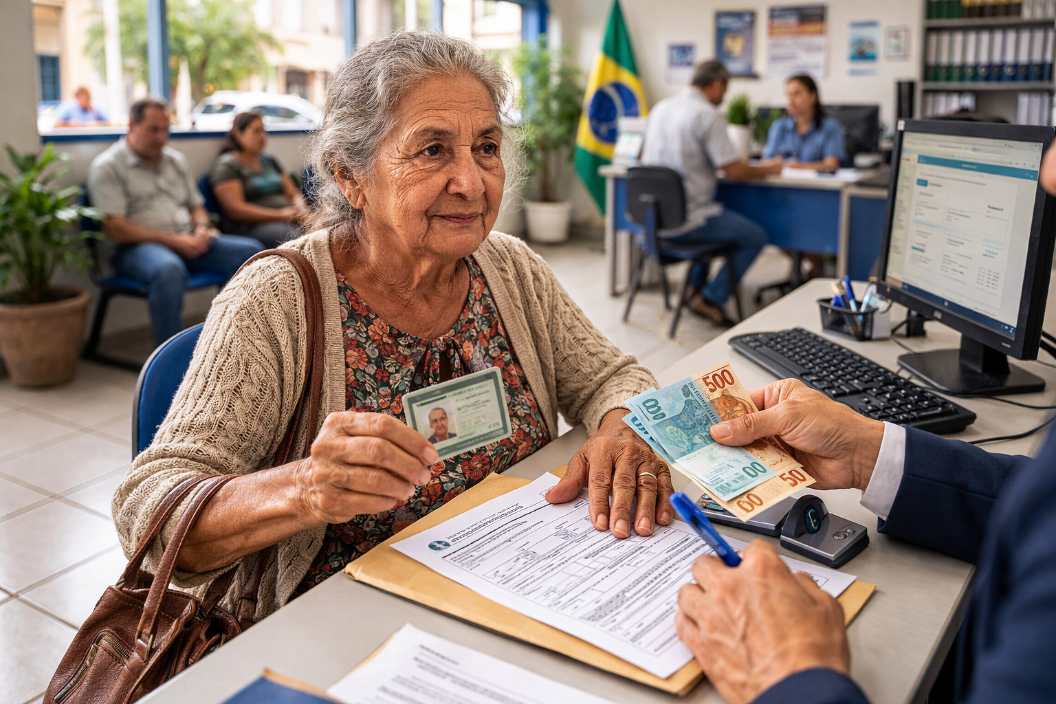 Idosa com 65 anos ou mais recebendo pagamento mensal em atendimento do INSS, apresentando documento de identificação em ambiente de serviço público.