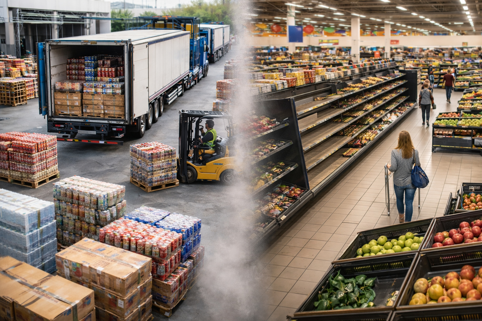Centro de distribuição com caminhão carregado e pallets de mercadorias ao lado de supermercado com prateleiras parcialmente vazias, ilustrando falhas na cadeia de abastecimento.