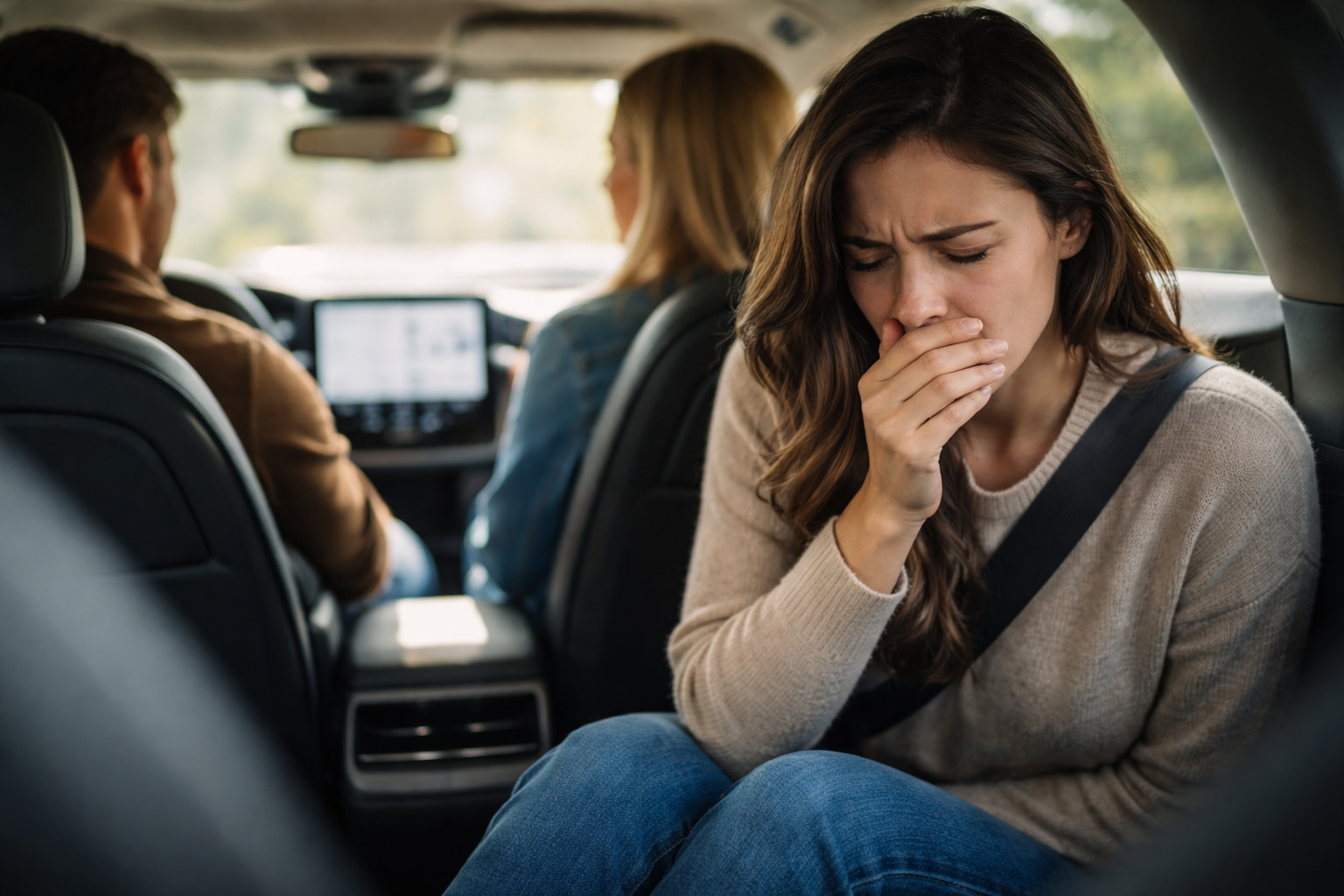 Passageira sente enjoo no banco traseiro de carro elétrico durante deslocamento silencioso e aceleração contínua