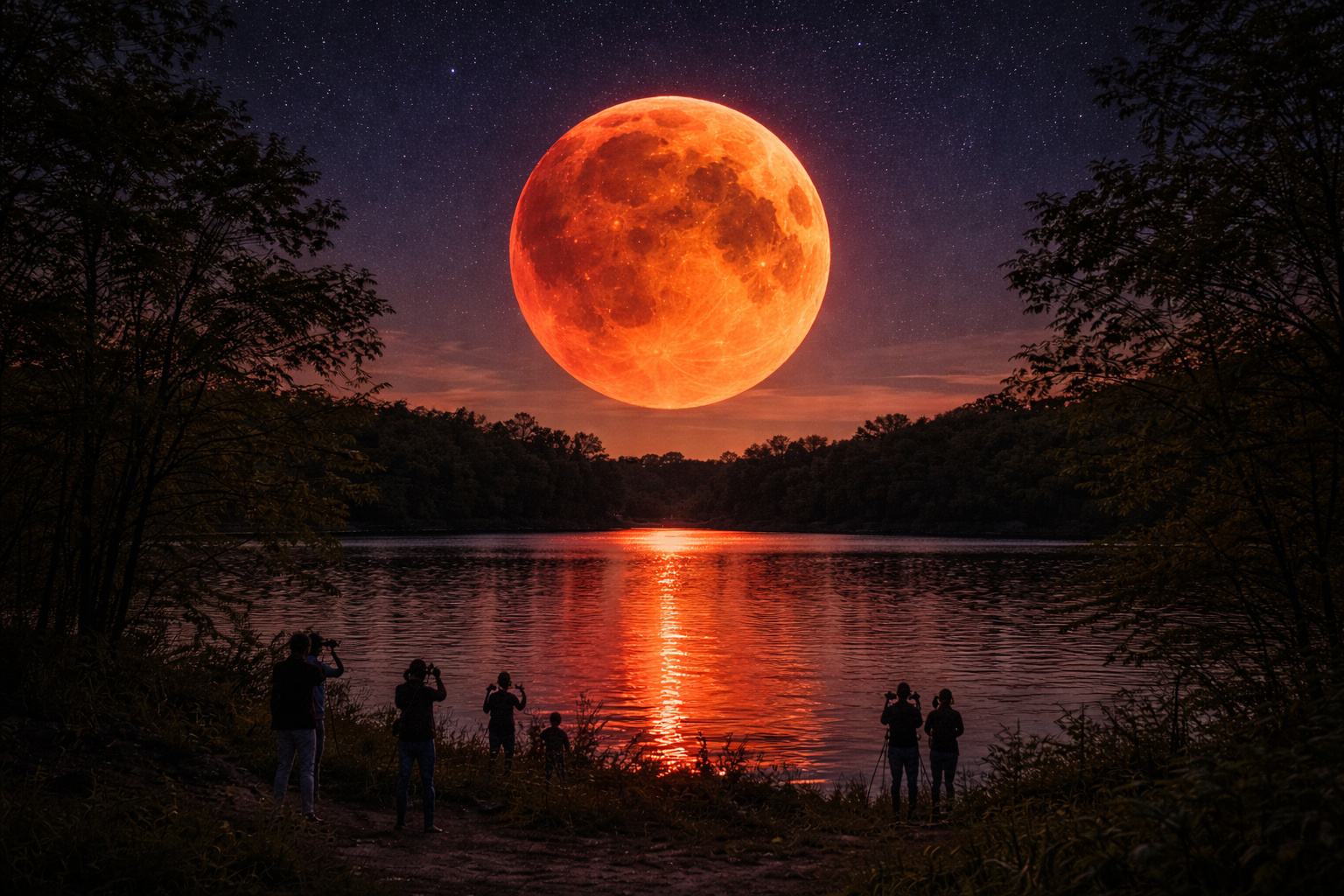Eclipse lunar total com Lua avermelhada refletida em lago durante a madrugada de 3 de março, observado por pessoas a olho nu.