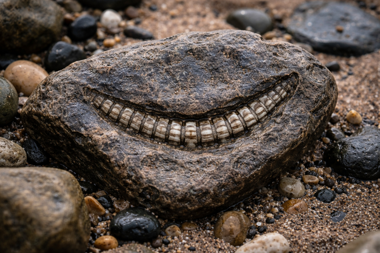 Fóssil de crinoide com aparência de sorriso encontrado em rocha calcária na praia de Holy Island, no Reino Unido.