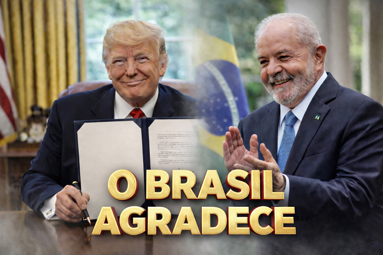 Presidente dos Estados Unidos assinando nova tarifa enquanto presidente do Brasil reage positivamente, com efeito degradê e frase em 3D “O BRASIL AGRADECE”.