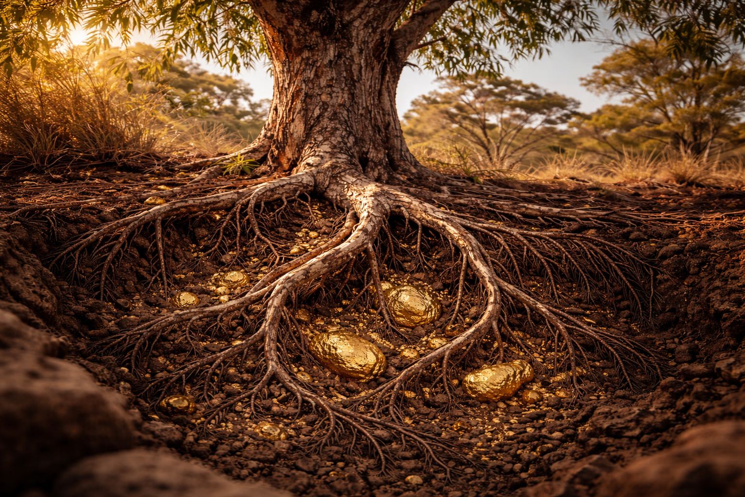 Árvore de eucalipto na Austrália com raízes profundas expostas no solo rico em partículas de ouro, ilustrando o conceito da “árvore do ouro”.