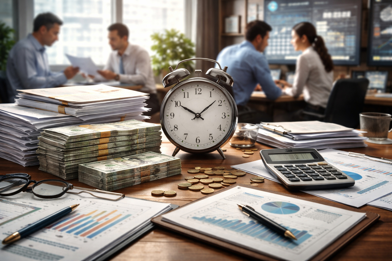 Mesa de escritório com relógio analógico, pilhas de dinheiro, calculadora e relatórios financeiros, simbolizando impacto econômico da redução da jornada e fim da escala 6x1.