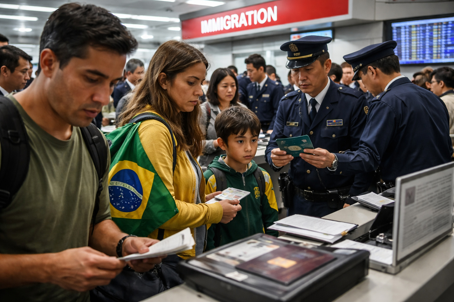 Brasileiros em área de imigração no Japão durante fiscalização de vistos e documentos, refletindo endurecimento das regras migratórias por dívidas públicas