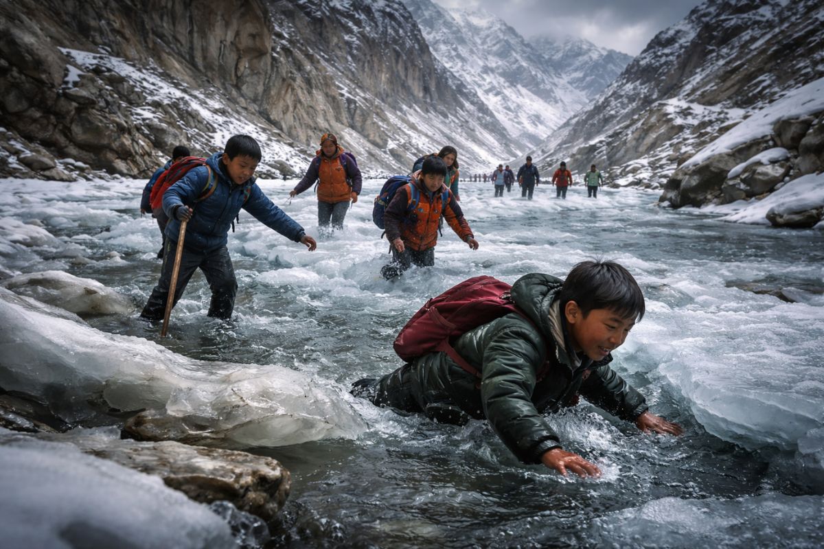 Crianças de Zanskar enfrentam o inverno na trilha de Chadar para chegar à escola, cruzando gelo, isolamento extremo e risco real todos os anos.