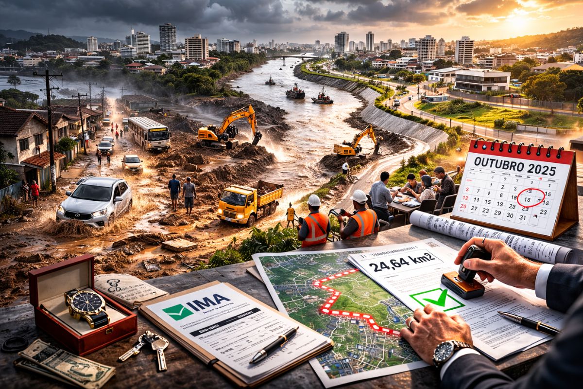 Joinville tem parecer do IMA para macrodrenagem do rio Itaum-Açu, mas a Licença Ambiental Prévia segue travada. Entenda 24,64 km², marés e o que falta liberar.