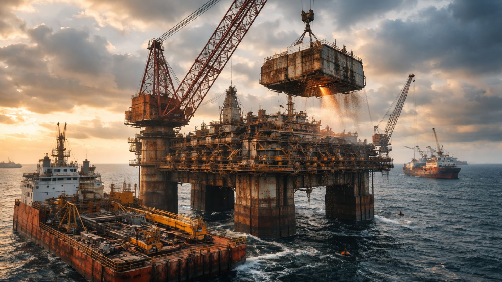 Plataforma de petróleo offshore em processo de descomissionamento com guindaste removendo módulo metálico e navios de apoio em alto-mar ao entardecer.