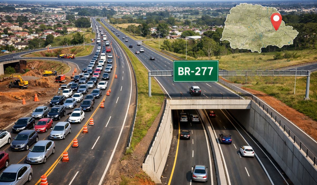 Trincheira na BR-277 em Cascavel terá R$ 21,1 milhões, duplicação e passagem inferior para ligar Cascavel Velho ao Lago e reduzir filas. (Imagem: Ilustração/Ideogram)