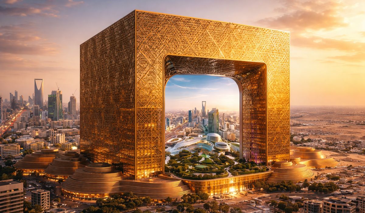 Mukaab terá 400 metros e integra a Visão 2030 da Arábia Saudita, prometendo unir arquitetura monumental e tecnologia digital em Riad. (Imagem: Ilustrativa)