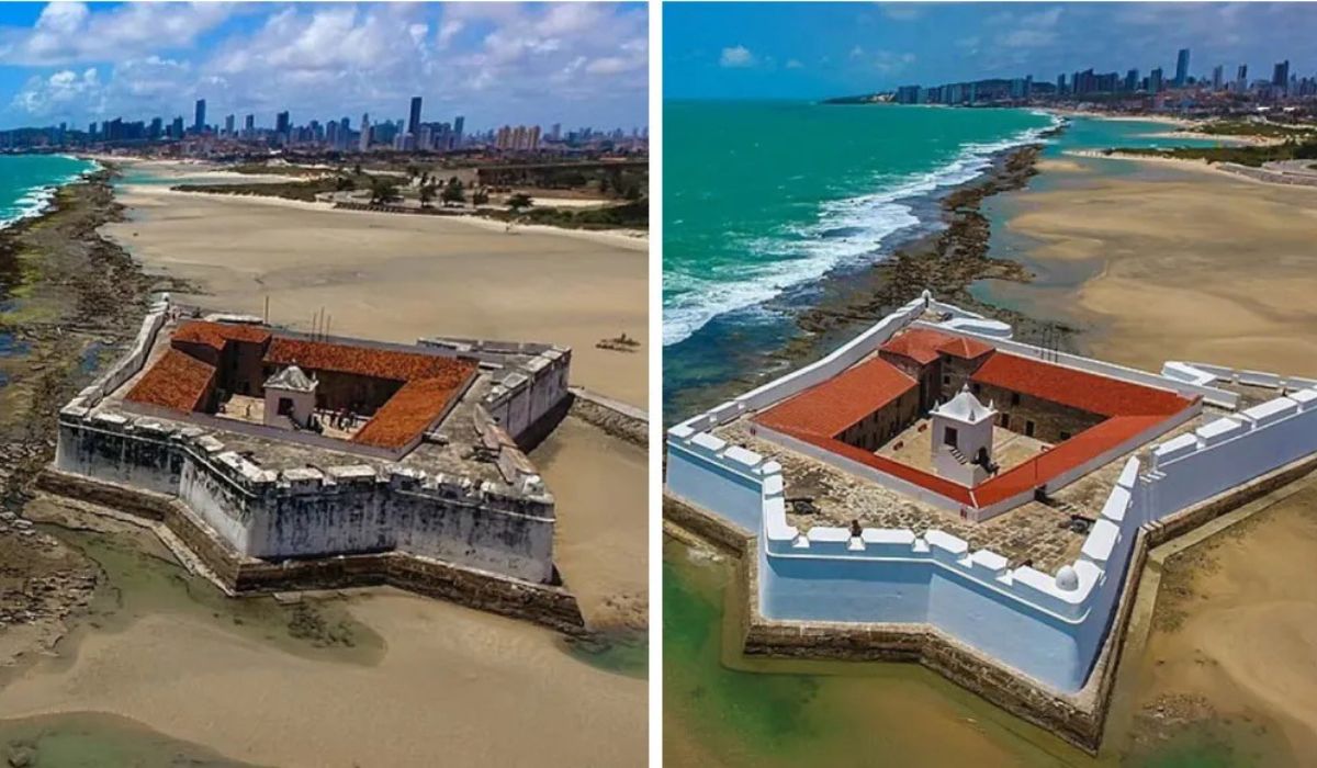Fotos mostram o antes e depois do Forte dos Reis Magos, após reforma que durou quase três anos. — Foto: Canindé Soares

