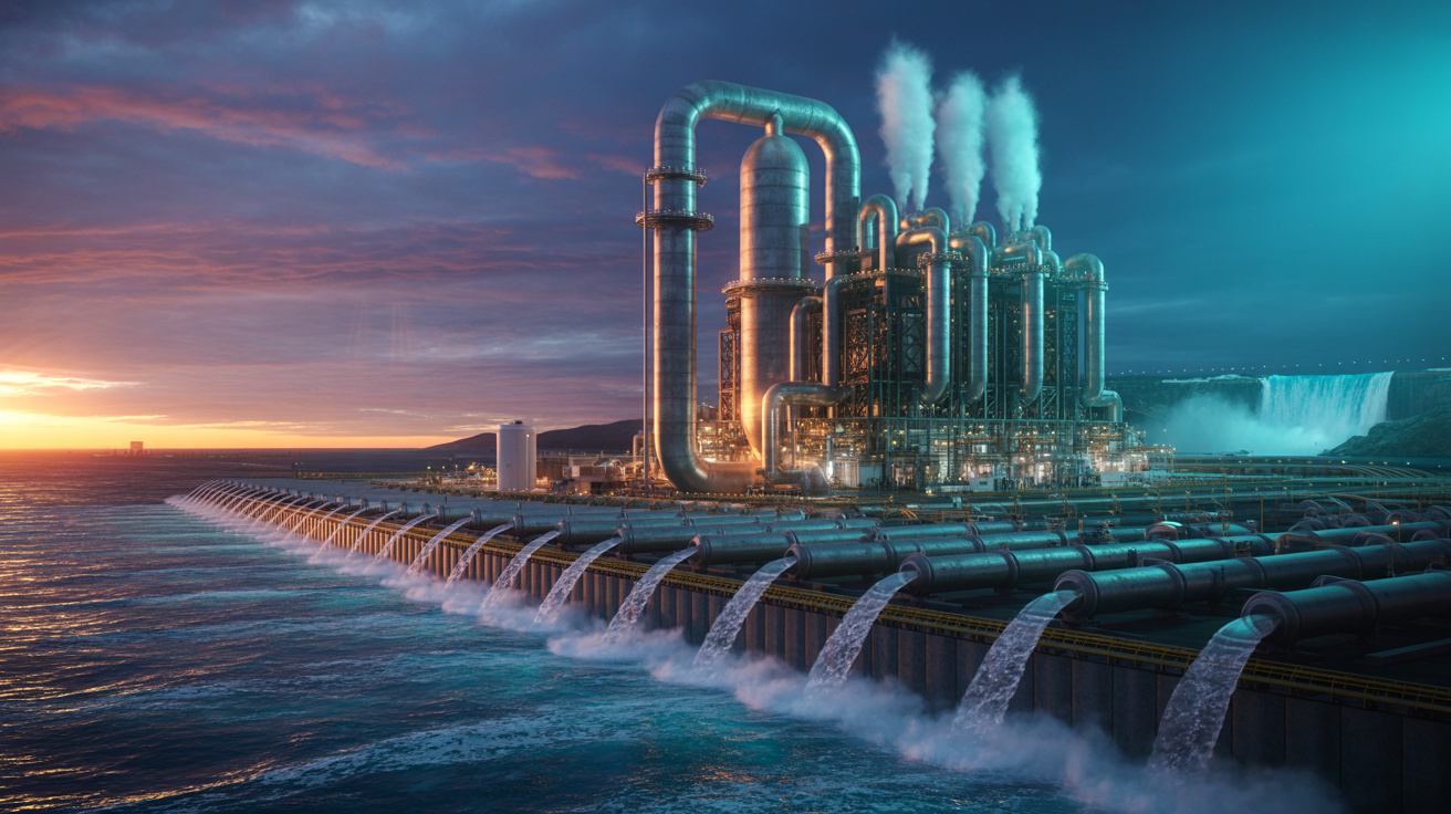 O mundo opera 16 mil usinas de dessalinização em 177 países que bombeiam 95 milhões de metros cúbicos de água do mar por dia, volume equivalente à metade do fluxo das Cataratas do Niágara, transformando oceanos em água potável para 300 milhões de pessoas