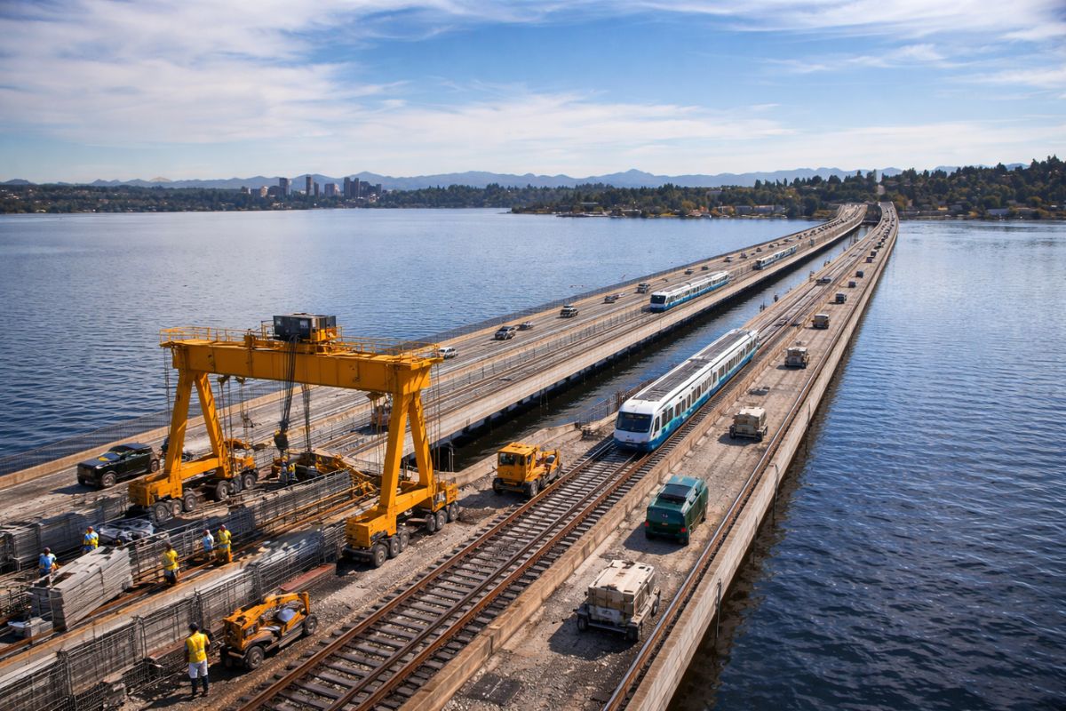 trem de alta velocidade sobre ponte flutuante no Lago Washington conecta Seattle e Bellevue em 2,5 km com 38 pontões, 1500 V, juntas móveis, ânodos contra corrosão e protensão para suportar até 700 toneladas.