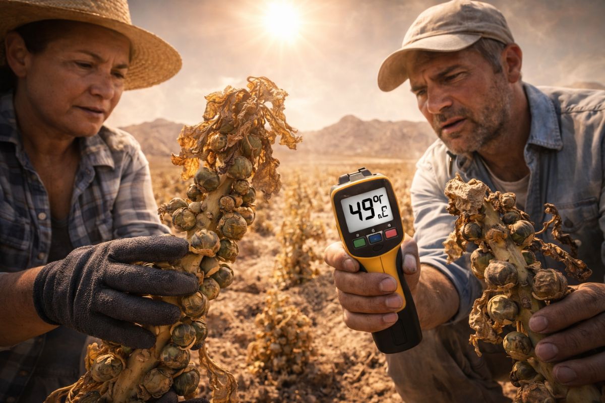 No Deserto de Sonora, um plano de 7 passos combina microclima e mimetismo da geada para fazer couve de Bruxelas enfrentar 43°C e 49°C, com solo que retém umidade, rega profunda e controle de pragas.