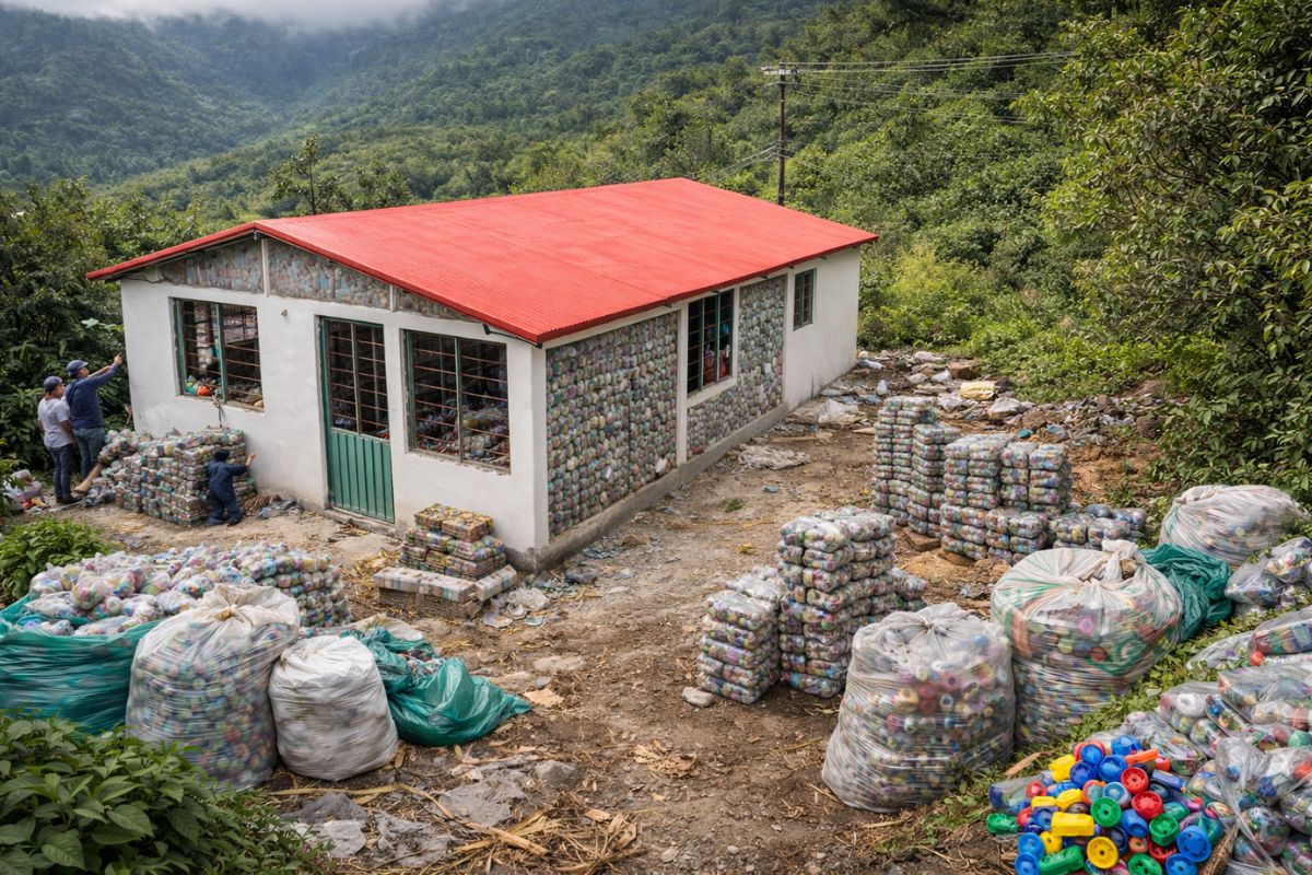 Casas baratas feitas com lixo plástico usam painéis de plástico e garantem isolamento térmico e acústico em proposta de moradia sustentável.