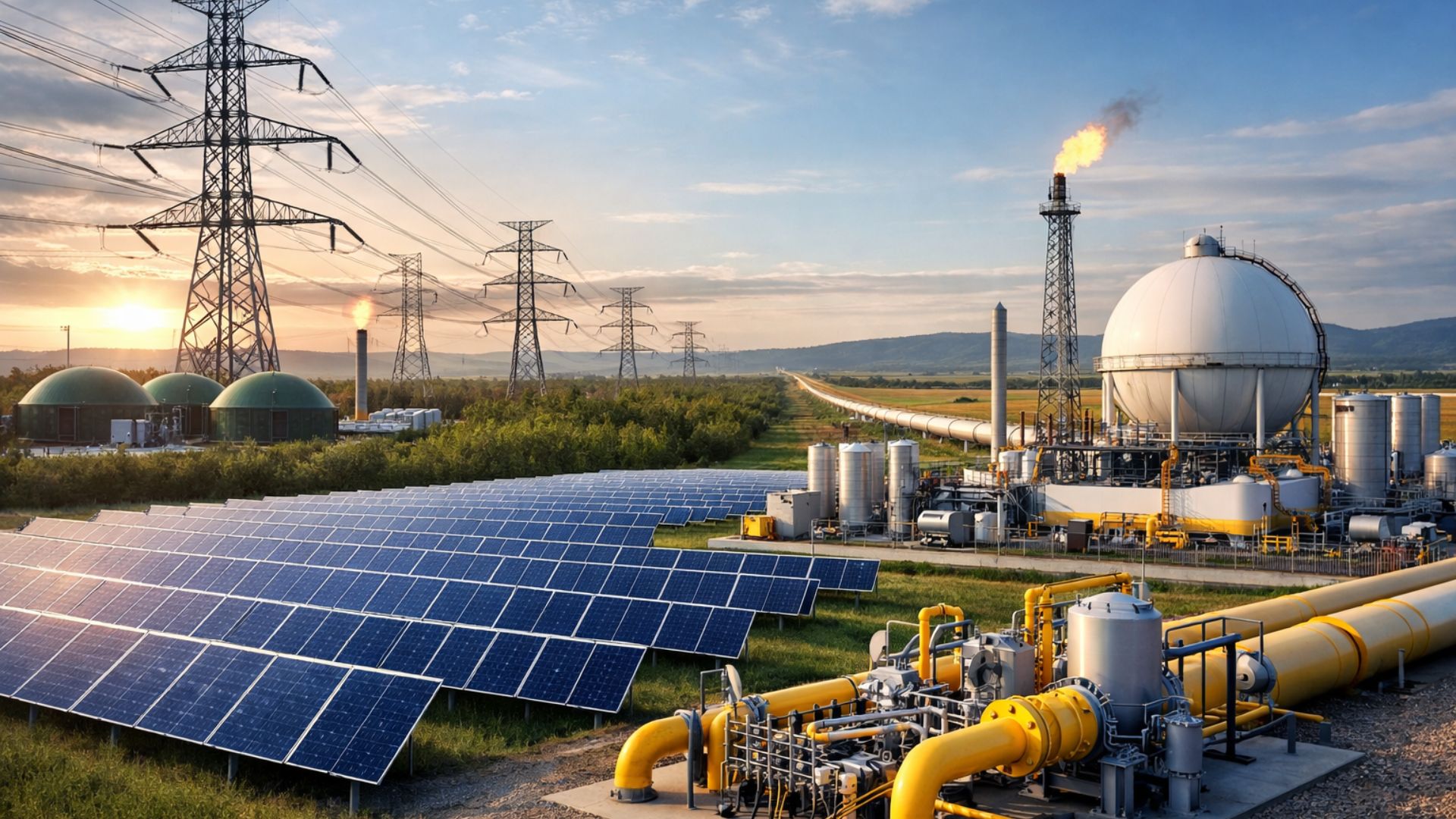 Complexo de infraestrutura energética com usina solar, linhas de transmissão de alta tensão e planta de gás natural ao pôr do sol, representando investimentos em energia e expansão da rede.