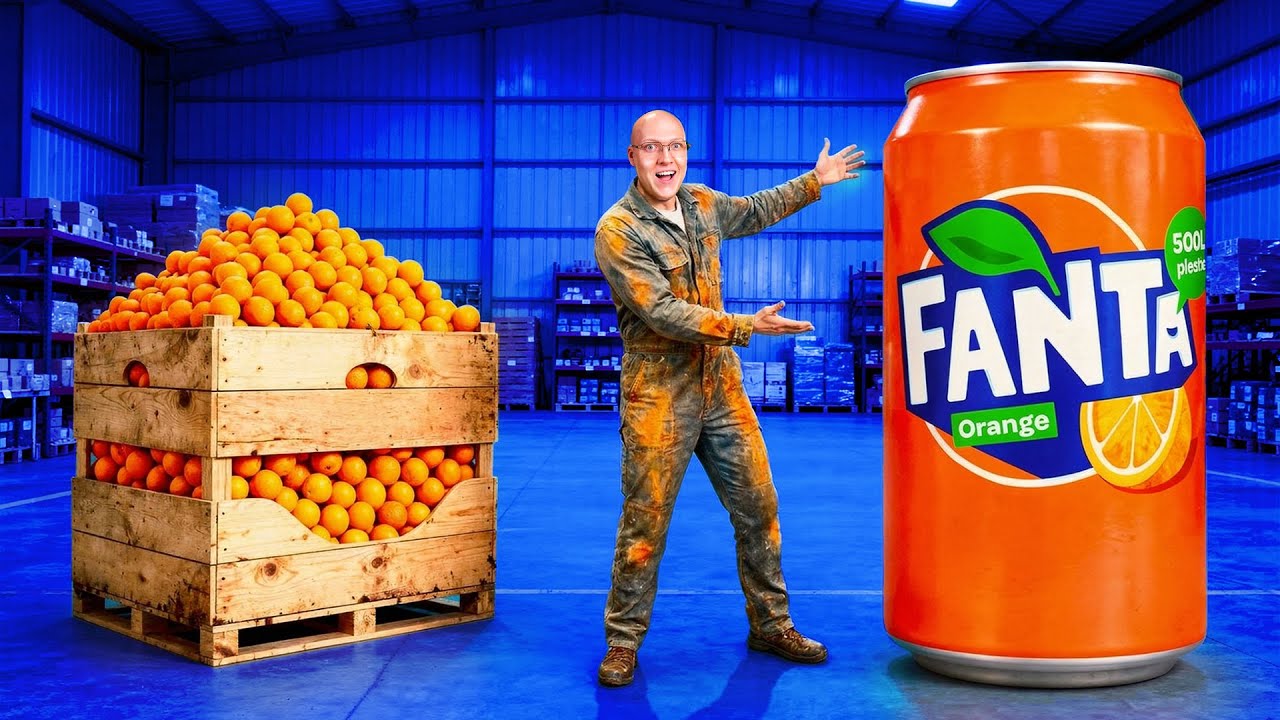 Vídeo mostra homem produzindo Fanta gigante com uma tonelada de laranjas, 55 galões de suco e vários dias de preparo artesanal.