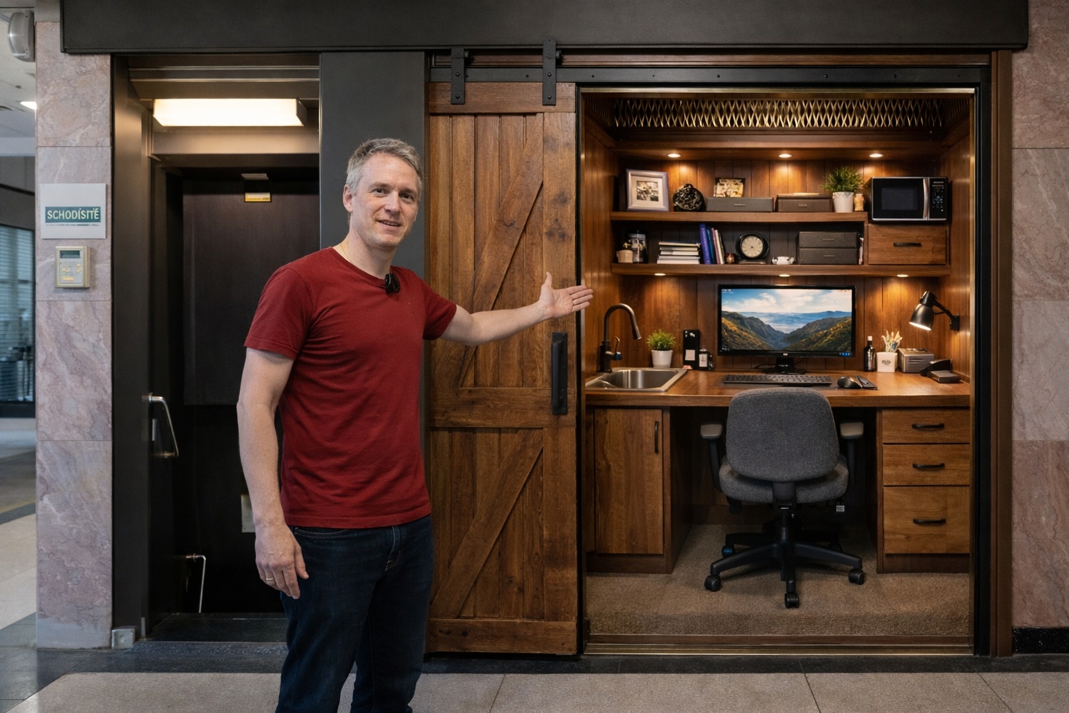 Homem transforma elevador antigo em escritório completo e ensina como você pode fazer uma cabine virar um espaço de trabalho com madeira, porta de correr, mesa grande, gavetas, prateleiras e pia 