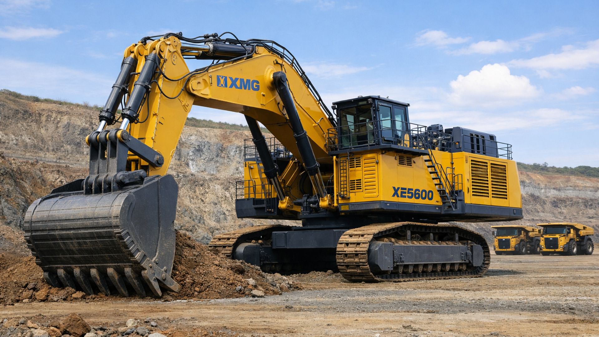 Escavadeira XCMG XE5600 chega ao Brasil com 569 toneladas, caçamba de 34 m³ e força de 1500 kN, voltada a minas a céu aberto.