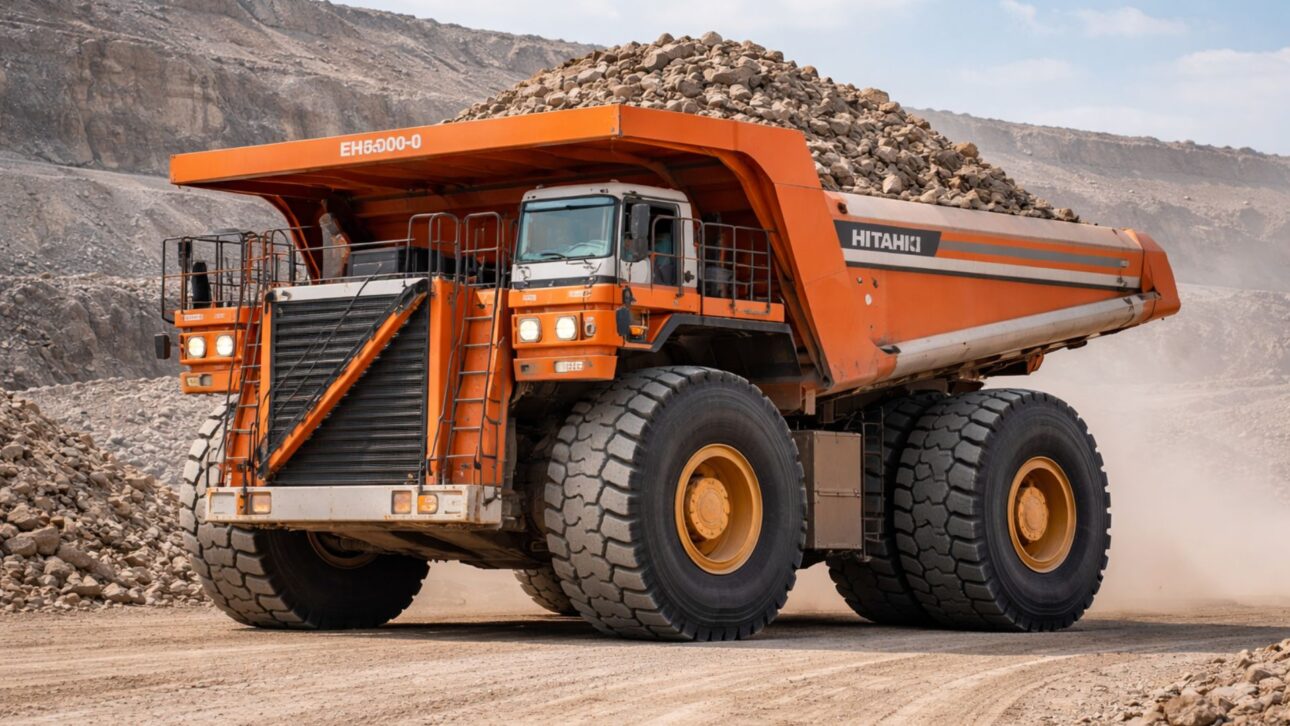 Caminhão Hitachi EH5000 impressiona com rodas de quase 4 metros e mais de 400 toneladas em operação, atuando como gigante da mineração a céu aberto.