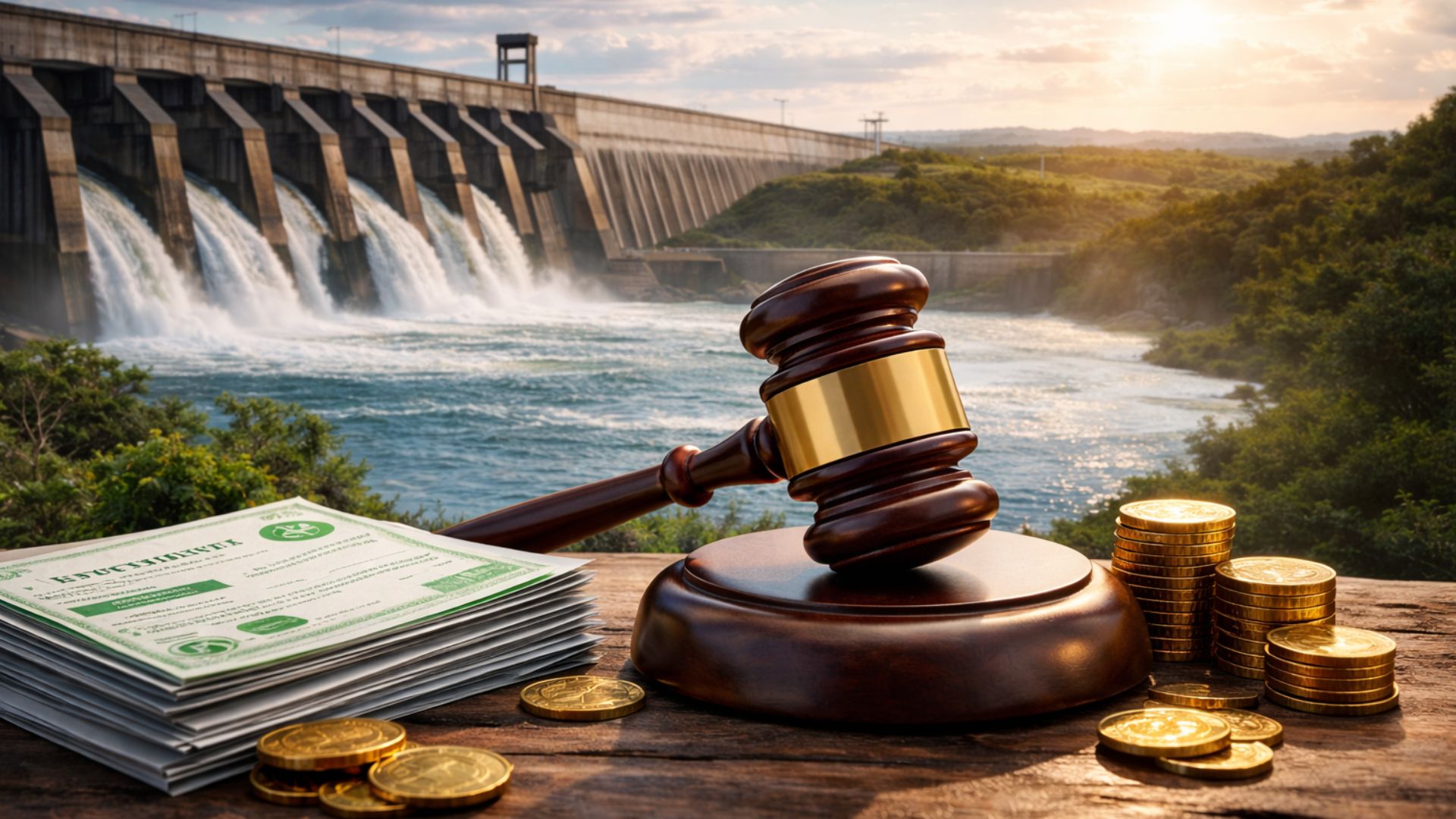 Martelo de leilão sobre mesa com certificados de energia renovável e usina hidrelétrica ao fundo representando leilão de I-RECs da Itaipu.