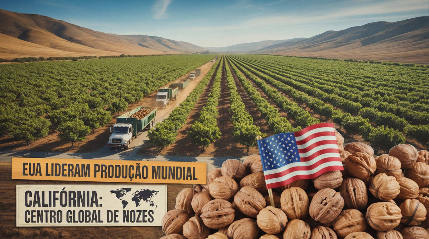 Os Estados Unidos lideram pomares gigantes de nozes, concentram quase toda a produção na Califórnia e operam uma das maiores cadeias agrícolas do mundo para abastecer mercados globais