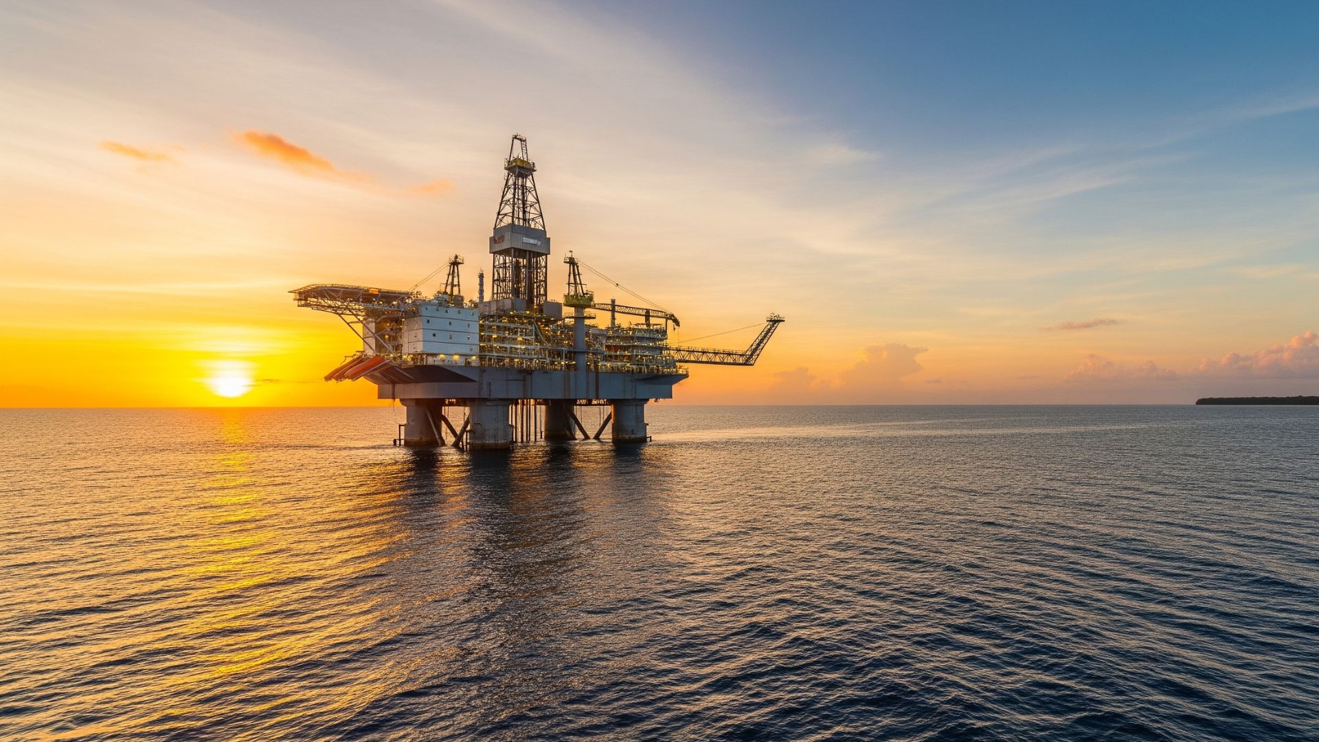 Plataforma de petróleo offshore em alto-mar durante o pôr do sol, cercada por oceano calmo e céu alaranjado no horizonte.