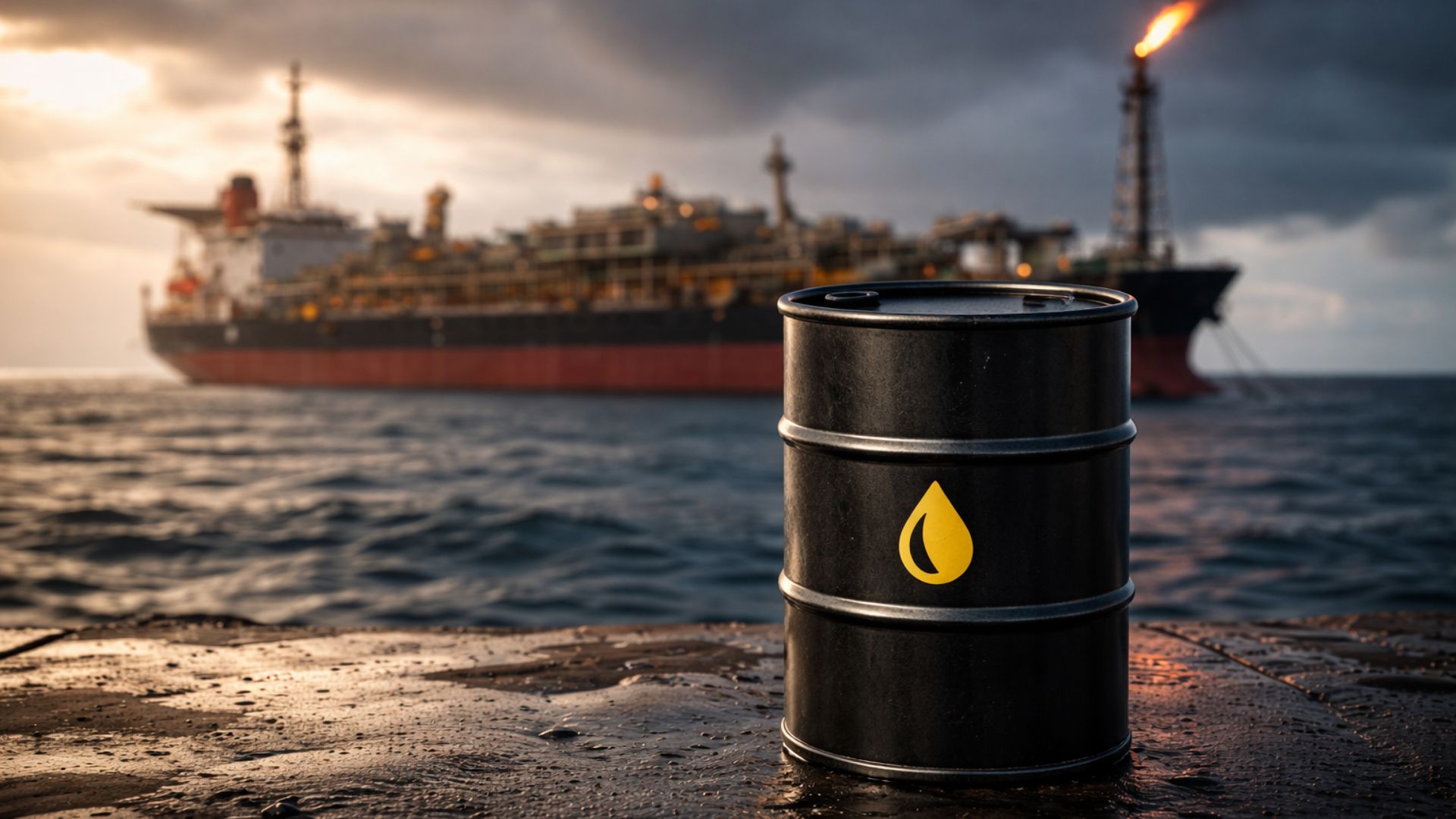 Barril de petróleo preto em primeiro plano sobre superfície metálica com navio FPSO desfocado ao fundo no mar e céu dramático ao entardecer.