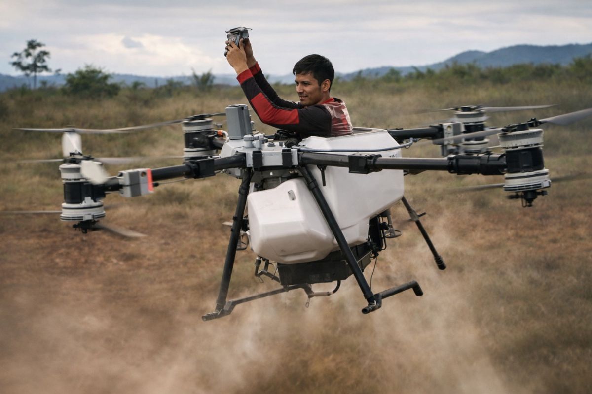 Drone agrícola, segurança no agro, DJI Agras T100, pulverização agrícola e agricultura de precisão entram em debate após voo arriscado no campo.