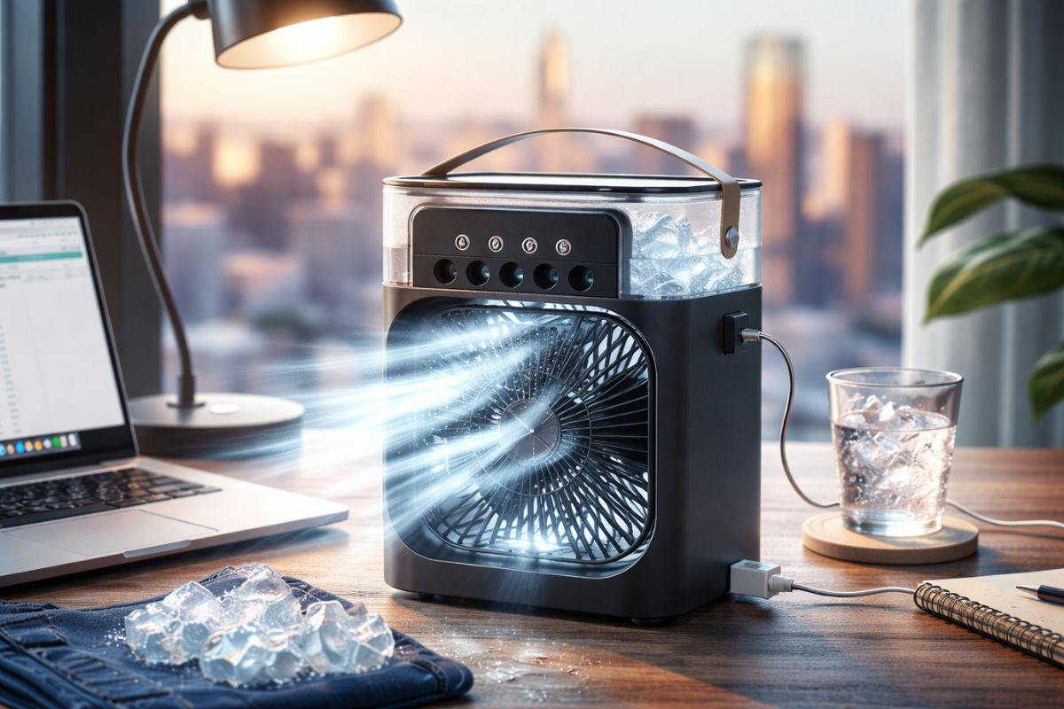 mini ar-condicionado com USB e reservatório melhora conforto com consumo menor e vira opção prática para aliviar o calor no verão.