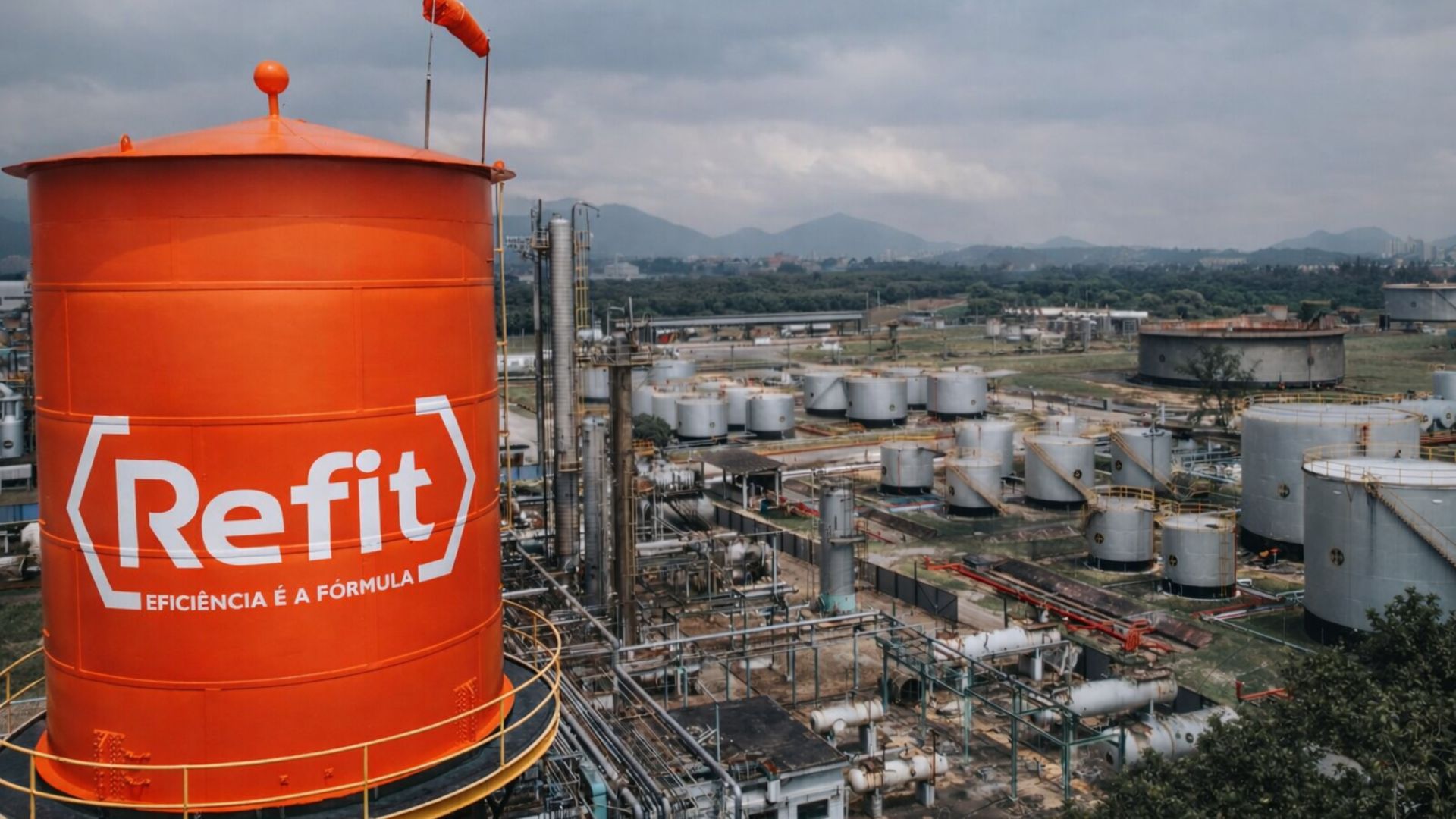 Tanque de armazenamento com logotipo da Refit na Refinaria de Manguinhos, cercado por estruturas industriais e reservatórios de combustíveis, no contexto de disputa com a ANP sobre laudos técnicos.