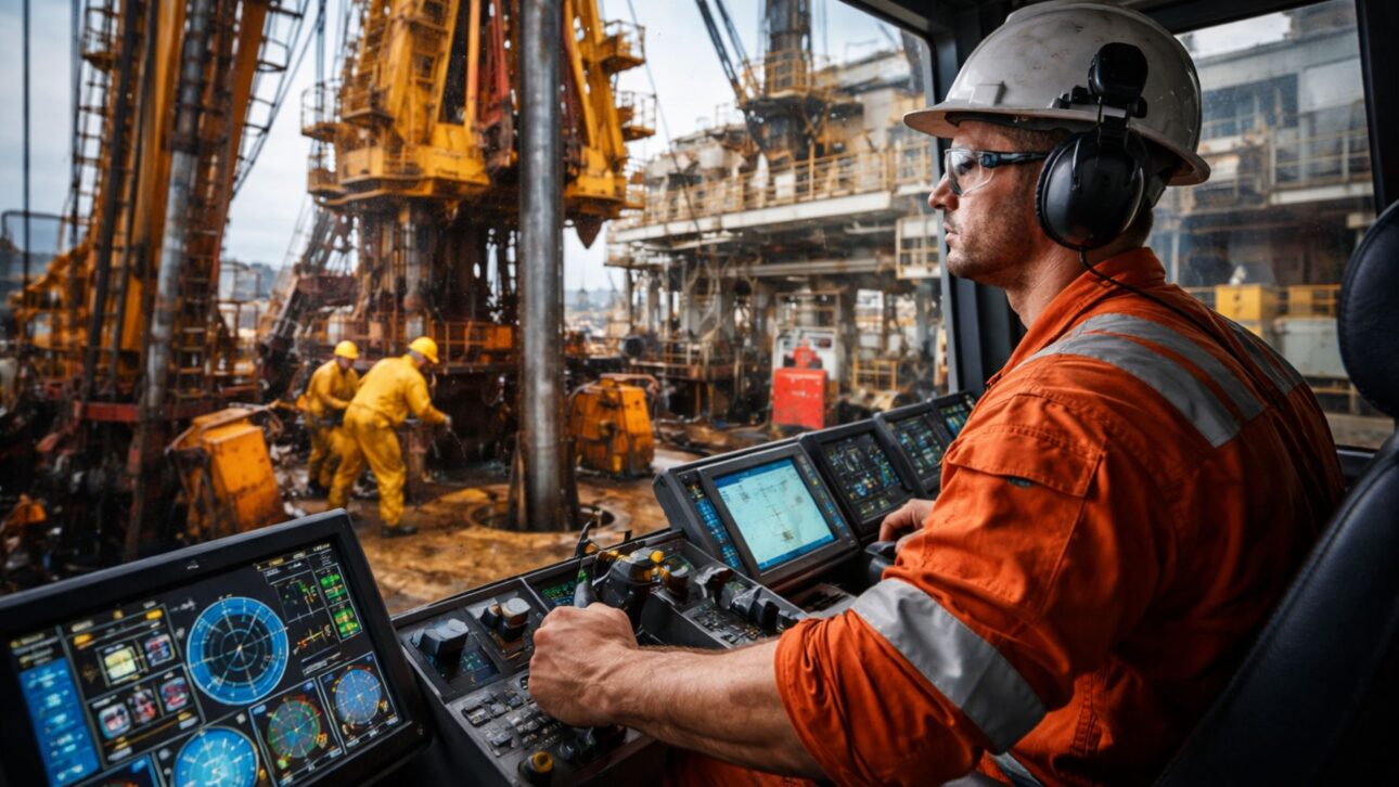 Sondador offshore com capacete e macacão laranja em plataforma de petróleo marítima ao pôr do sol, usando equipamentos de proteção e observando a operação no mar.