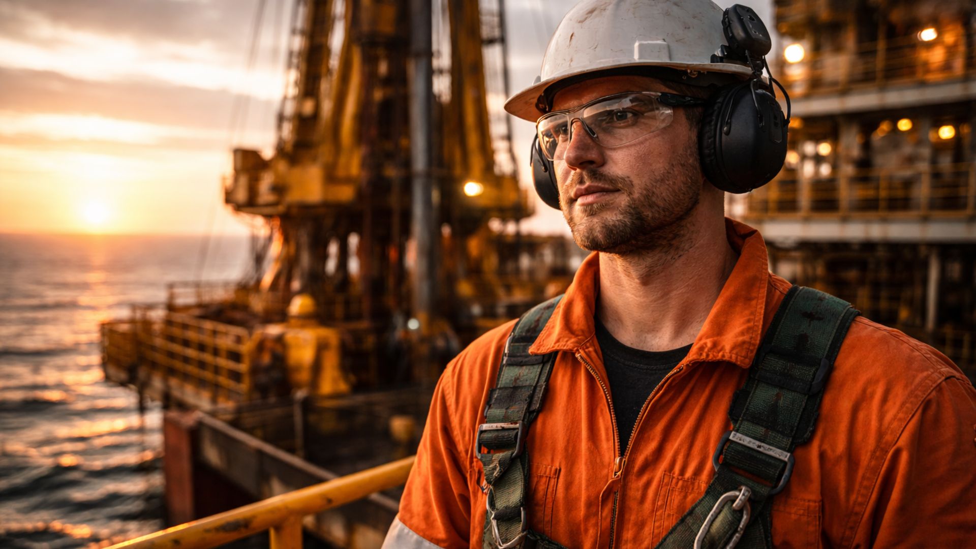 Sondador offshore com capacete e macacão laranja em plataforma de petróleo marítima ao pôr do sol, usando equipamentos de proteção e observando a operação no mar.