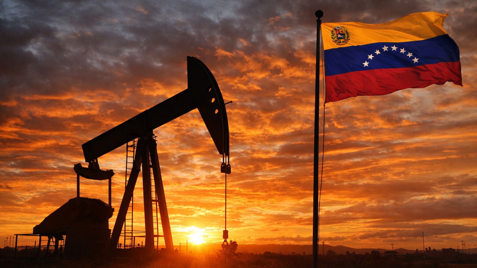 Bomba de petróleo em silhueta ao pôr do sol com bandeira da Venezuela hasteada e céu alaranjado dramático ao fundo.