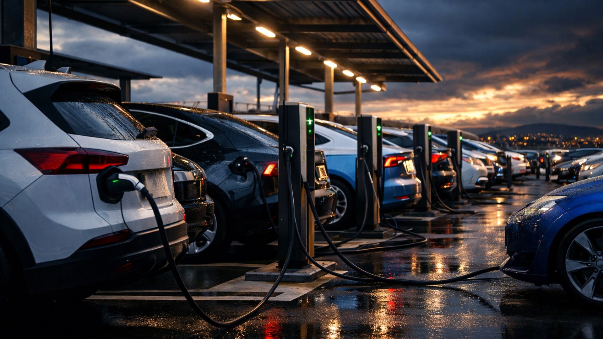 Estacionamento com vários carros elétricos conectados a carregadores enquanto recarregam energia em estações públicas sob iluminação noturna.