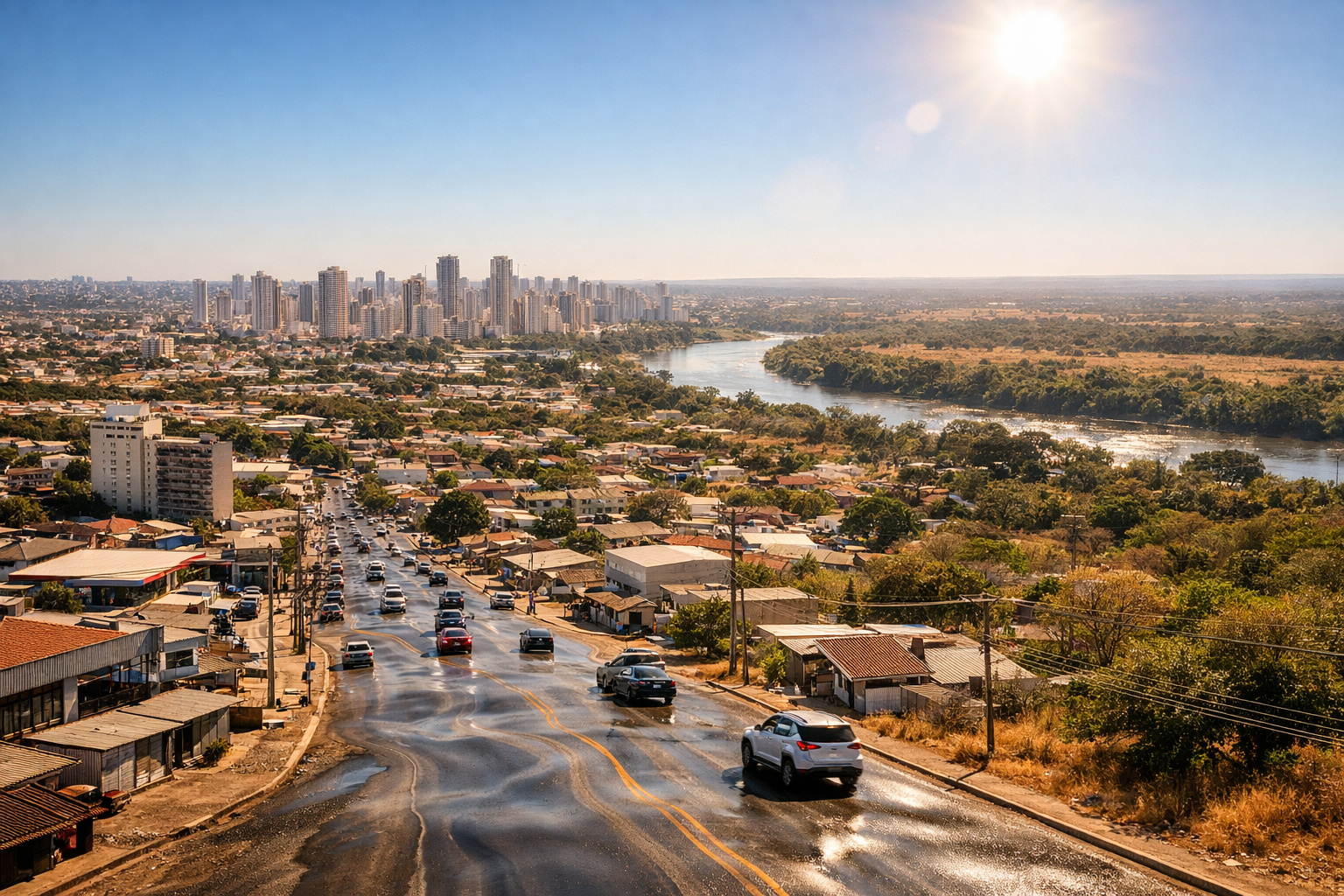 Vista aérea de Cuiabá sob calor extremo, com ruas asfaltadas e vegetação do Cerrado no centro da América do Sul.