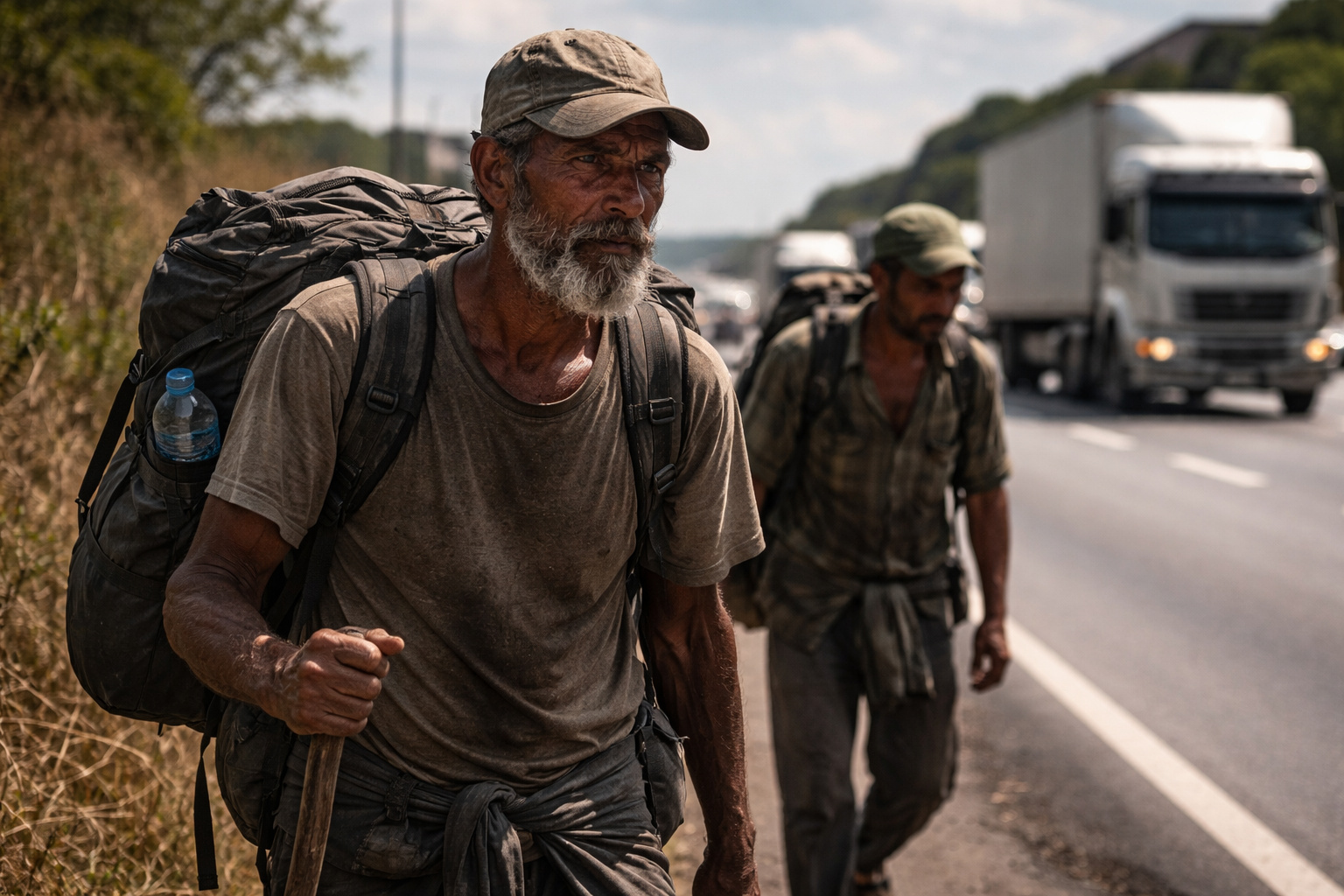 Andarilhos caminham no acostamento de rodovia sob sol forte, carregando mochilas e enfrentando o tráfego intenso de caminhões