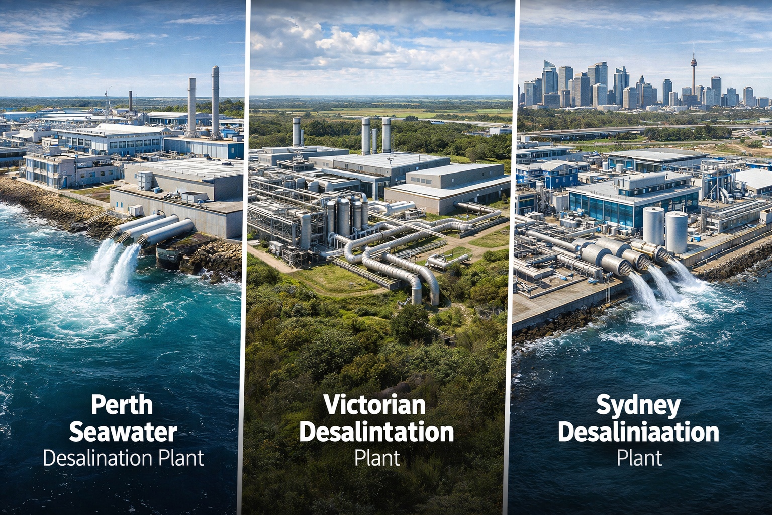 Após anos de seca extrema, a Austrália bombeia até 410 milhões de litros de água do mar por dia para terra firme: megadesalinizadoras de alta potência energética tentam garantir até um terço do abastecimento urbano em cidades como Perth, Sydney e Melbourne