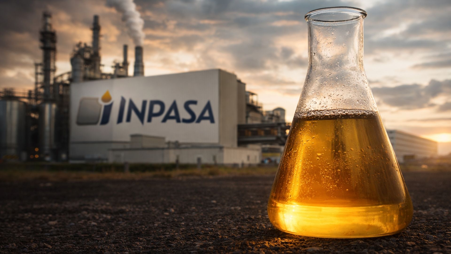 Frasco Erlenmeyer com etanol dourado em primeiro plano e usina industrial de biocombustível ao fundo com logotipo da Inpasa, em cenário dramático ao entardecer.