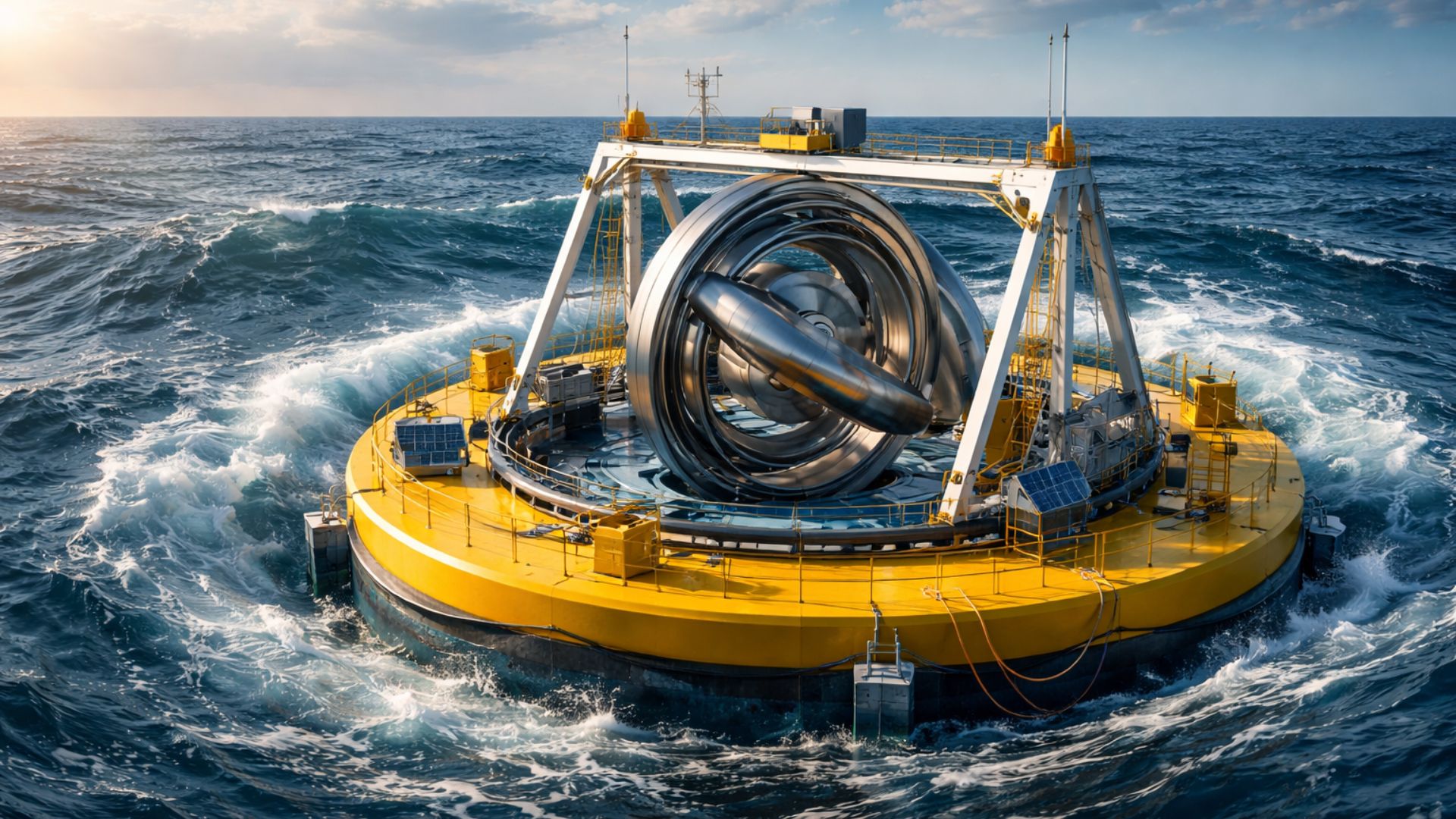Plataforma flutuante no oceano com grande giroscópio metálico central convertendo o movimento das ondas em energia elétrica renovável.