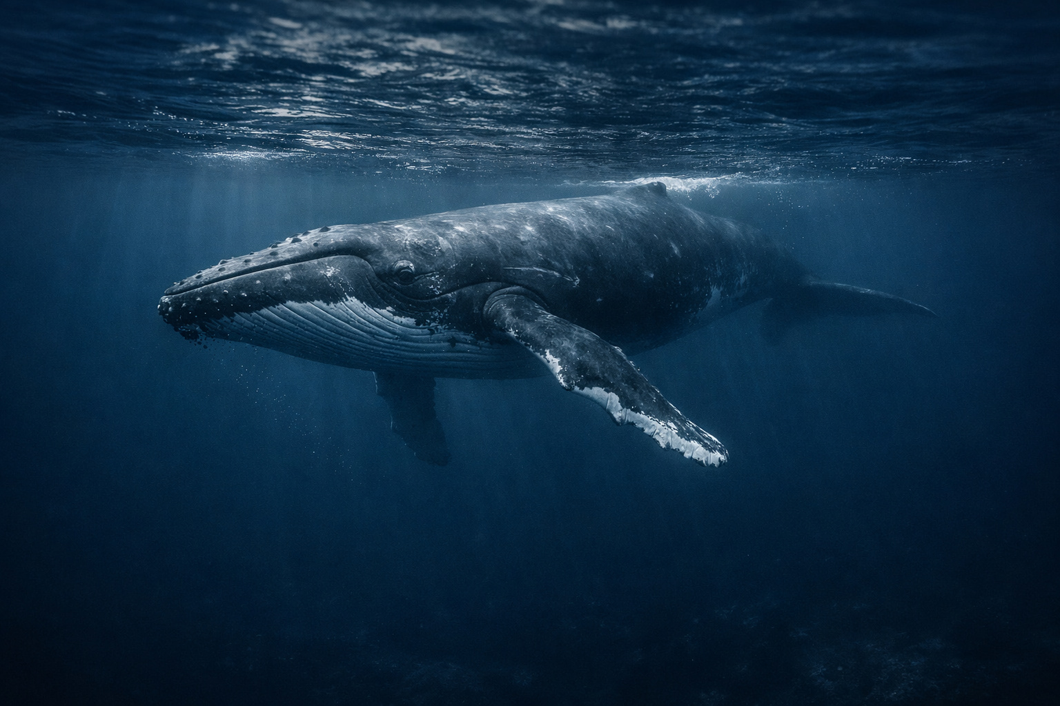 Baleia-jubarte nadando no oceano, representando a gravação mais antiga do canto das baleias feita em 1949.